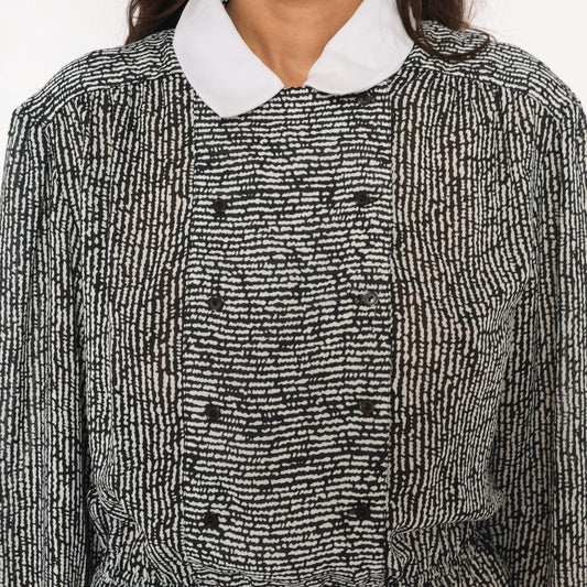 80s BGB LTD Black White Abstract Print Peter Pan Collar Mini Dress Medium Large