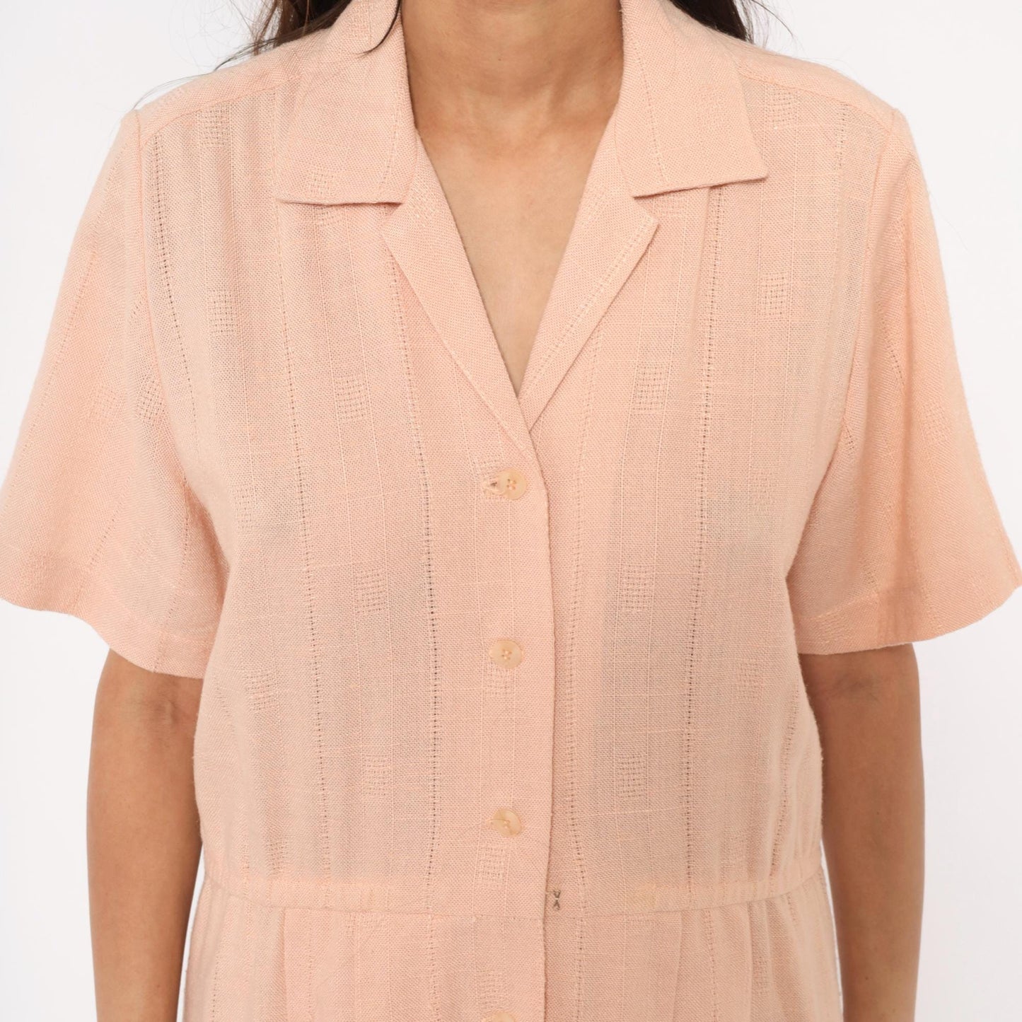 80s Peach Cotton Maxi Shirtdress Camp Collar Pleated Prairie Large L