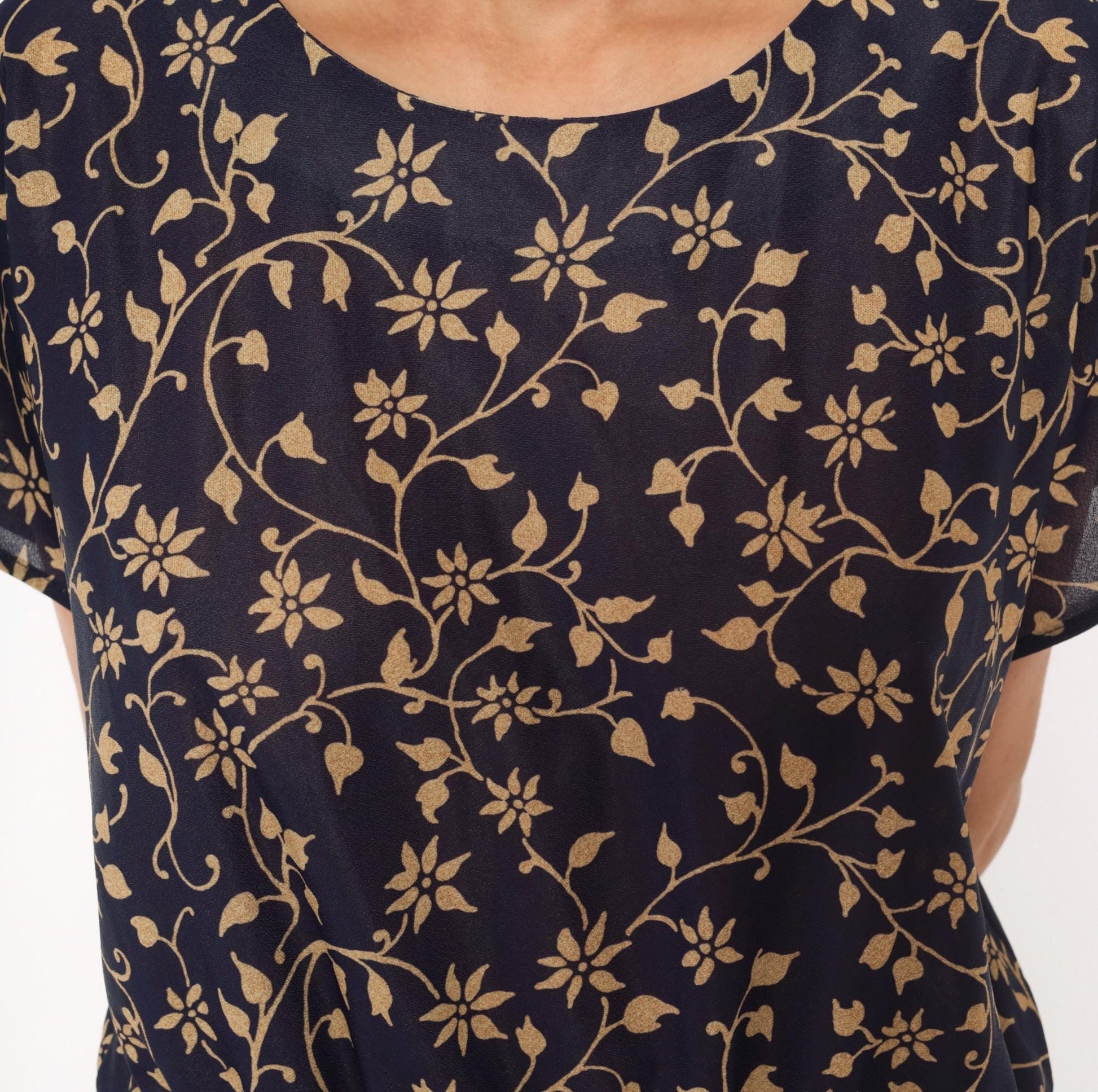 80s Navy Tan Floral Vine Midi Dress Gathered Waist Keyhole Back Extra Large