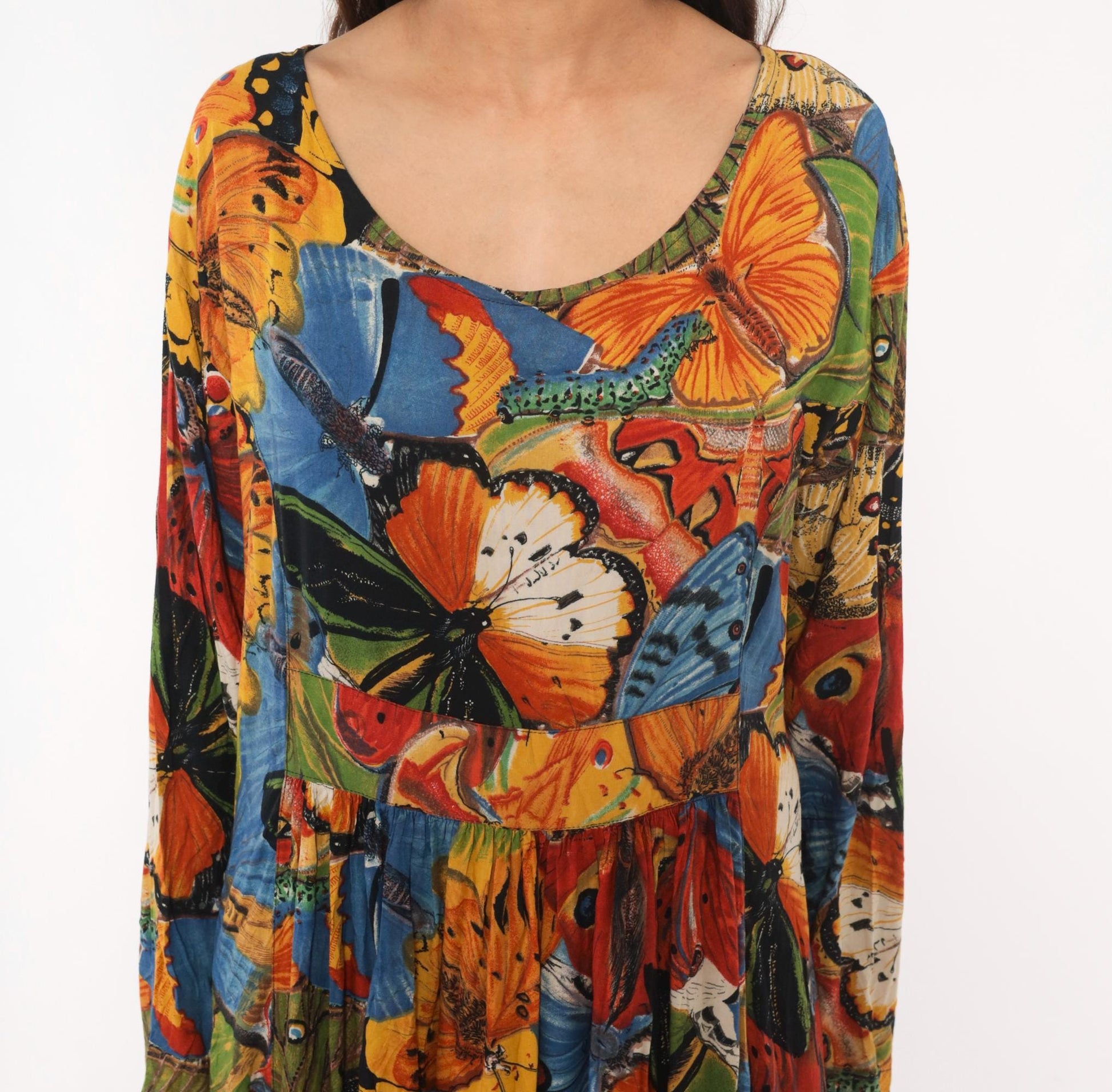 90s We Bebop Butterfly Maxi Dress Empire Waist Long Sleeve Multicolor Extra Large XXL