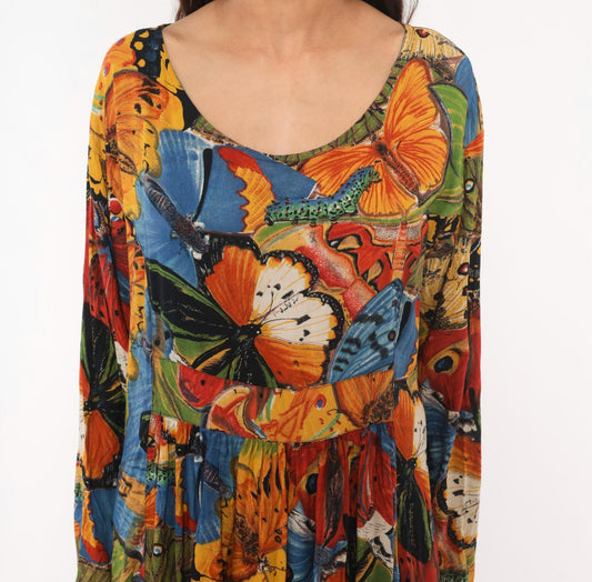 90s We Bebop Butterfly Maxi Dress Empire Waist Long Sleeve Multicolor Extra Large XXL