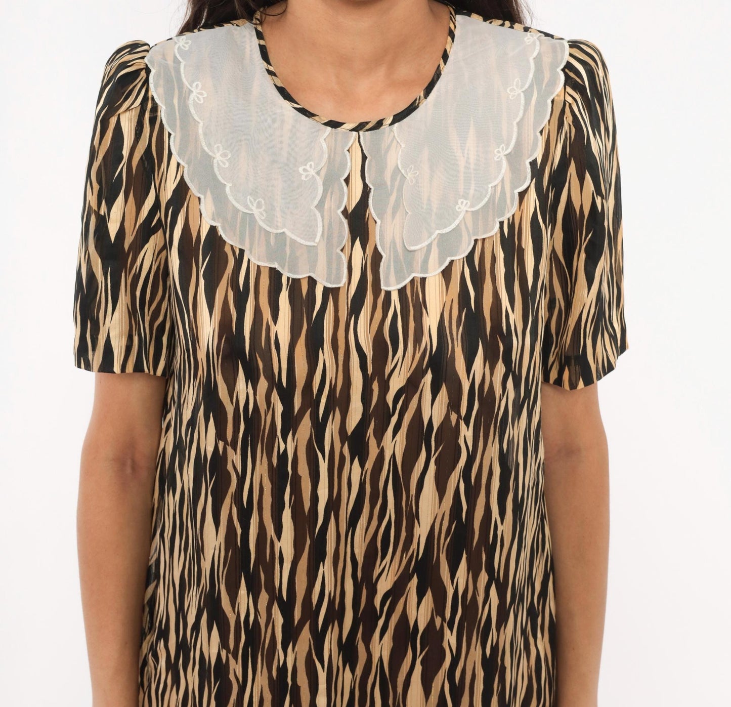 80s Animal Print Shift Dress Peter Pan Collar Tiger Stripe Midi Small