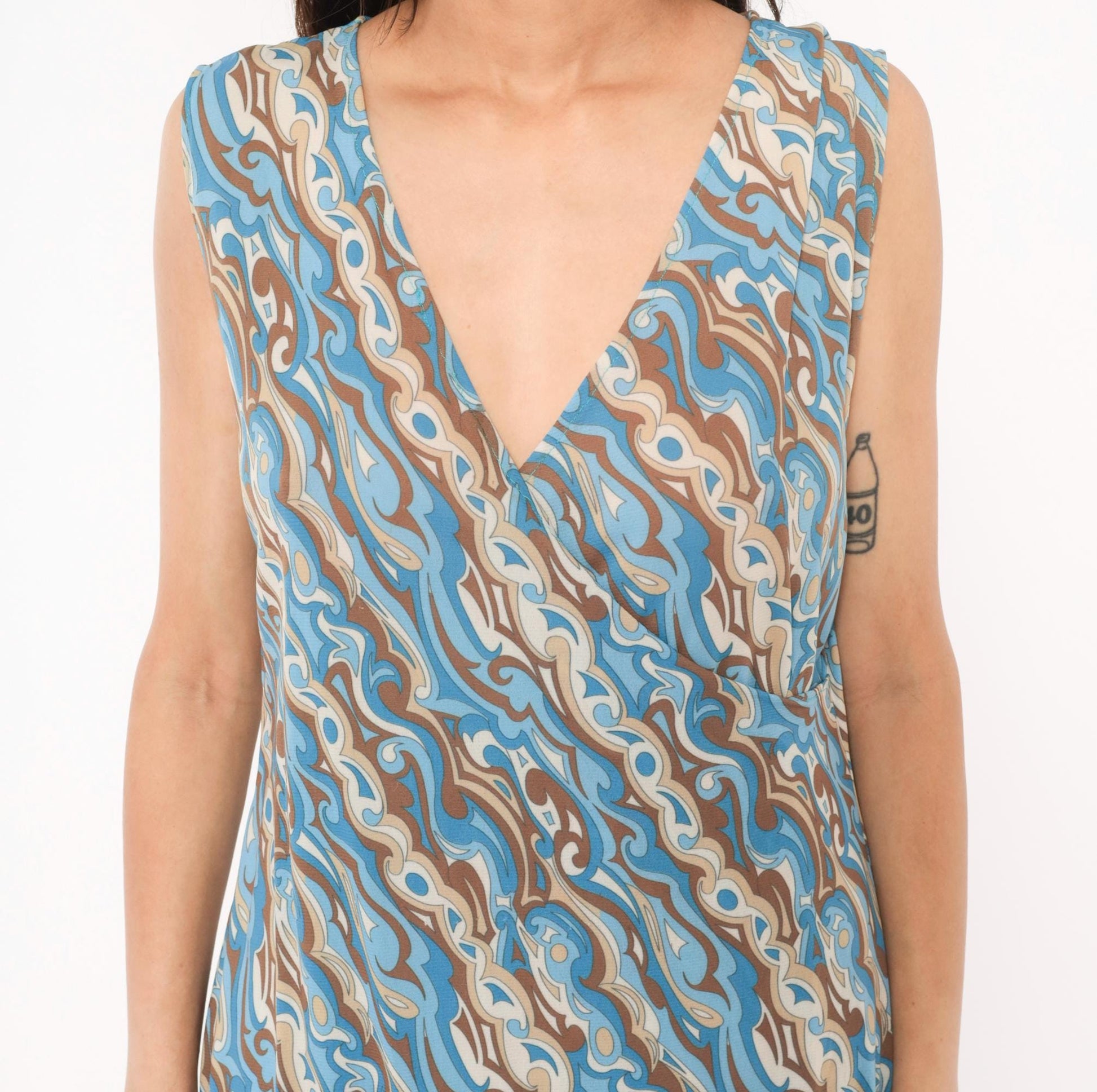 2000s Abstract Swirl Shift Dress V Neck Knee Length Blue Brown Tan Extra Large