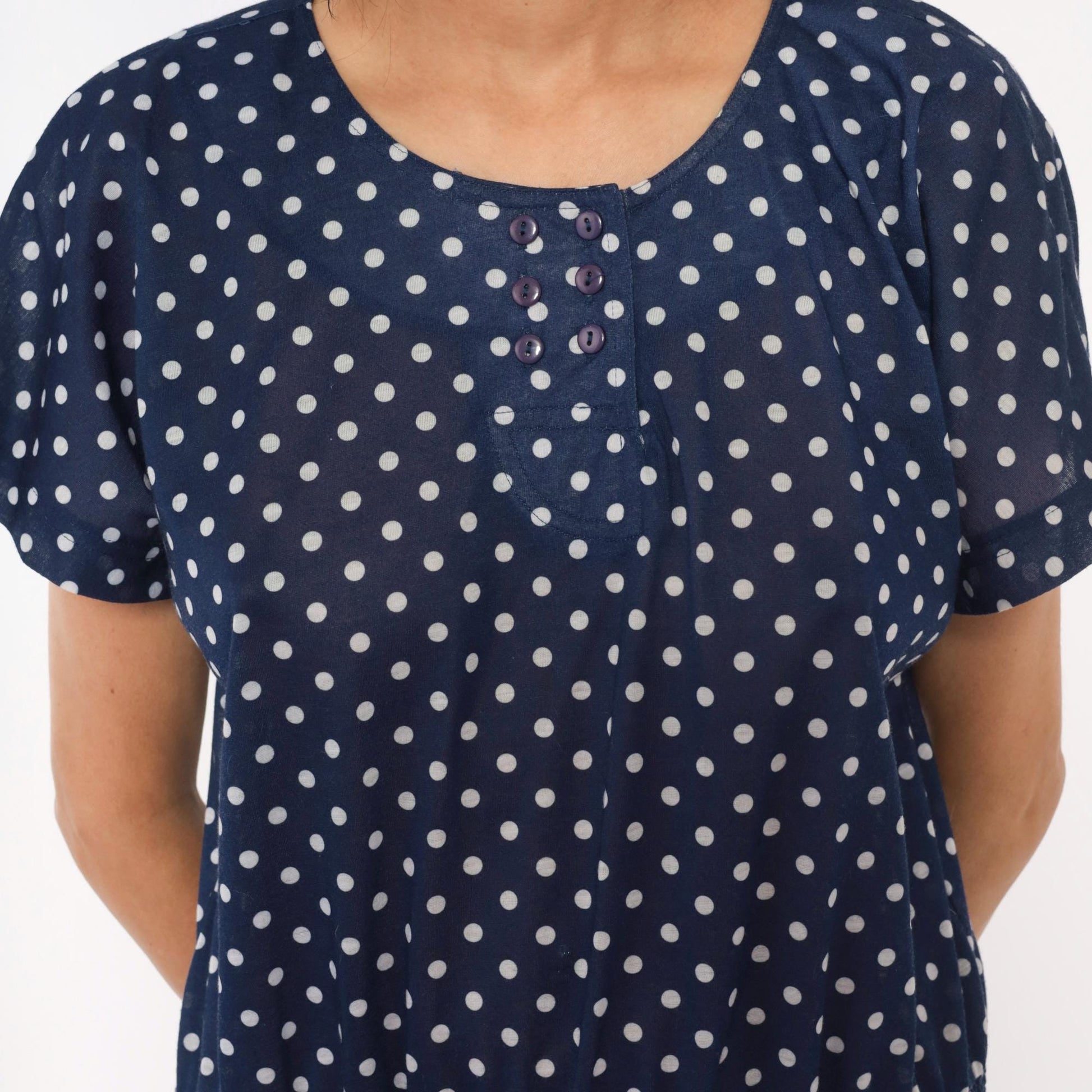 80s Darian Navy White Polka Dot Midi Dress Elastic Waist Short Sleeve Extra Large XL