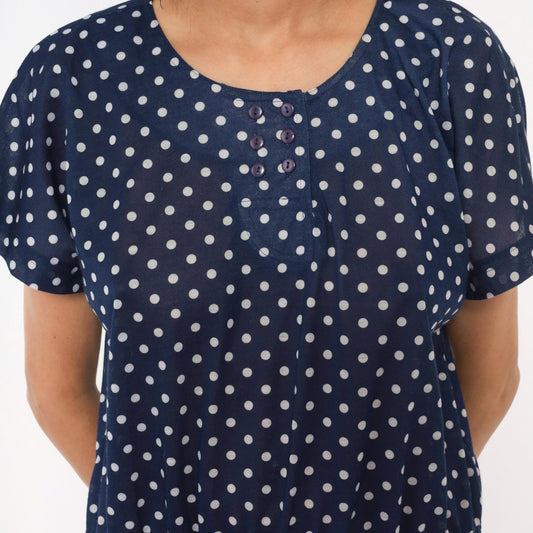 80s Darian Navy White Polka Dot Midi Dress Elastic Waist Short Sleeve Extra Large XL