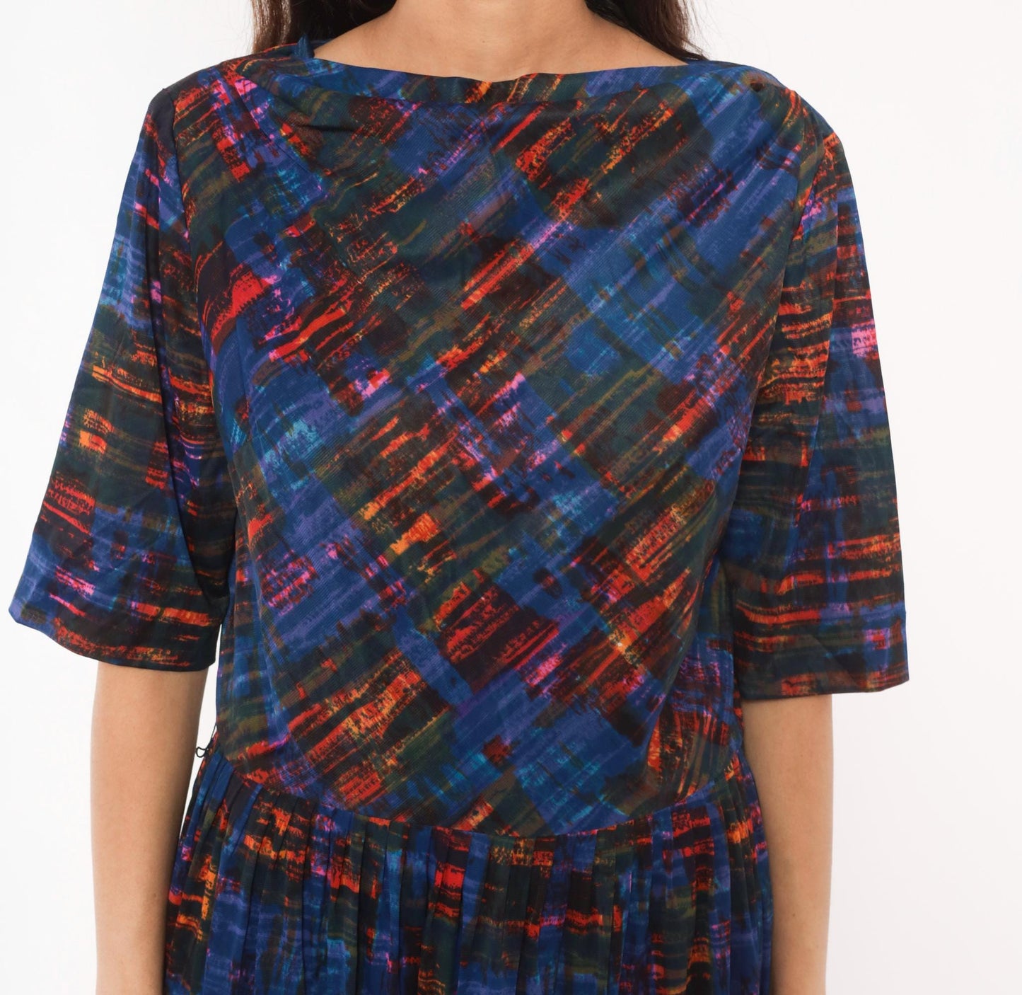 1960s L'Aiglon Cobalt Orange Plaid Dress Boat Neck Pleated Midi Large