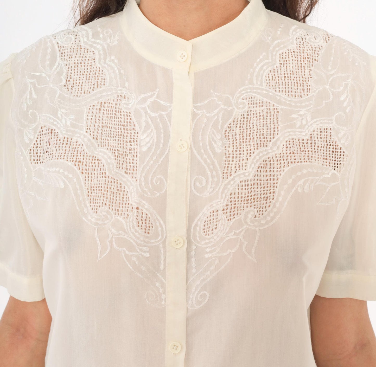 80s Cream Cutwork Embroidered Blouse Puff Sleeve Mandarin Collar Medium M