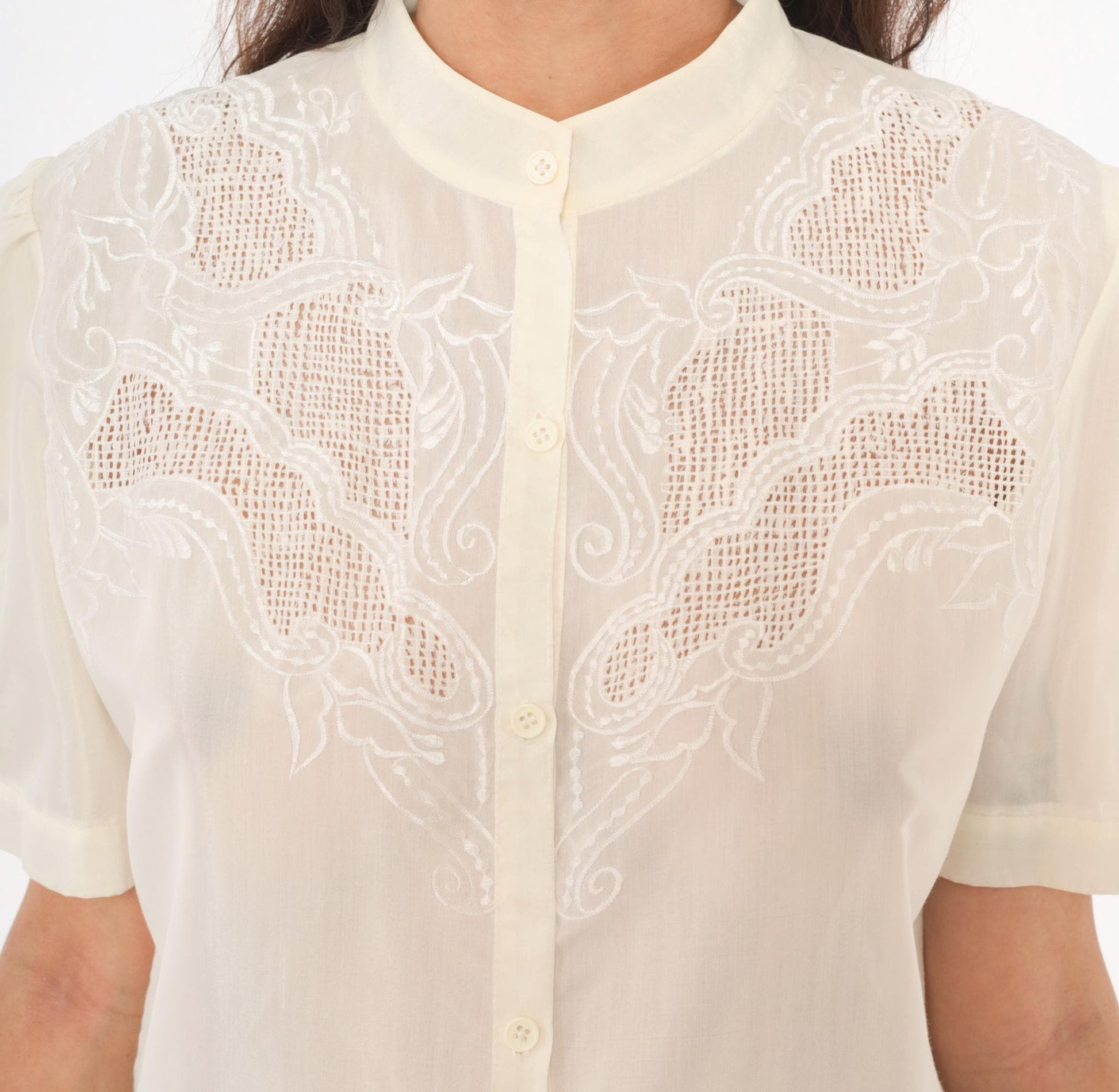 80s Cream Cutwork Embroidered Blouse Puff Sleeve Mandarin Collar Medium M