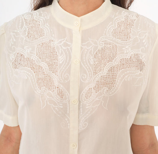 80s Cream Cutwork Embroidered Blouse Puff Sleeve Mandarin Collar Medium M