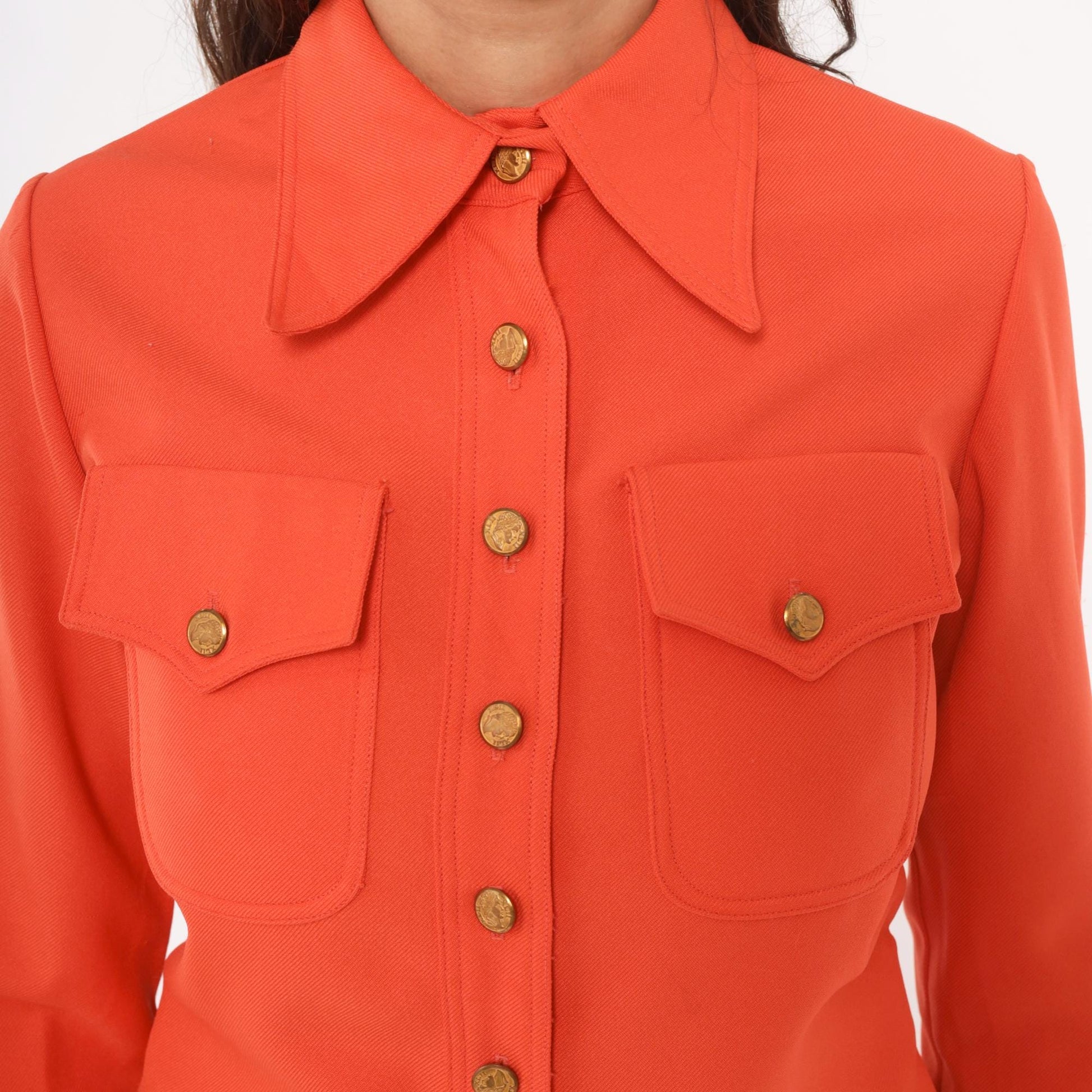 70s Ellen Tracy Orange Button-Up Blouse Gold Accents Western Yoke Small S