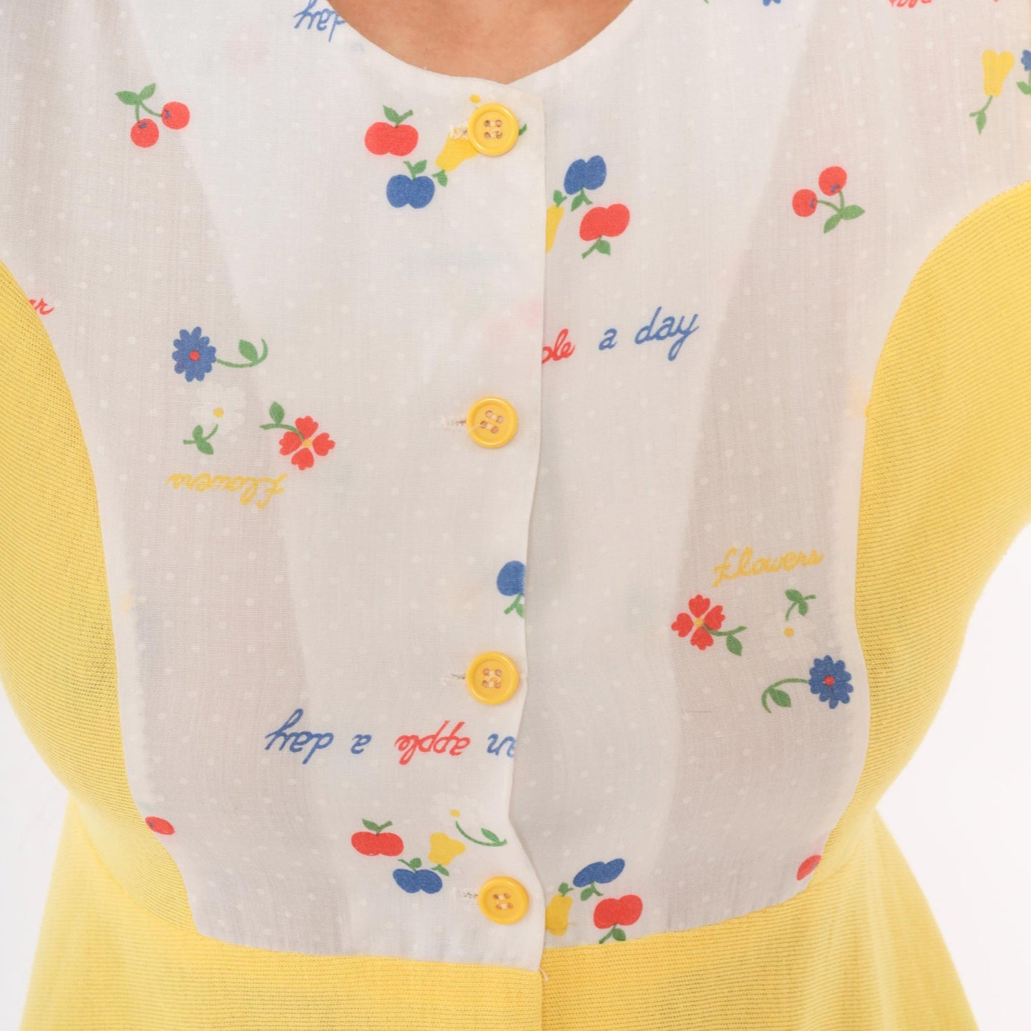 70s Yellow Babydoll Top Puff Sleeve Empire Waist Fruit Print Cotton Blouse Large