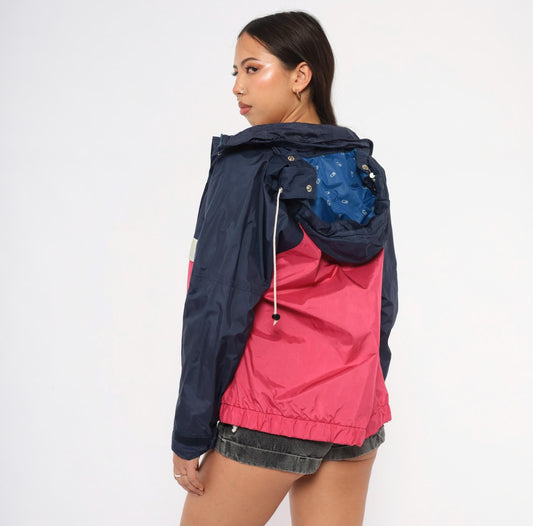 80s CB Sports Color Block Windbreaker Navy Pink Hooded Jacket Medium