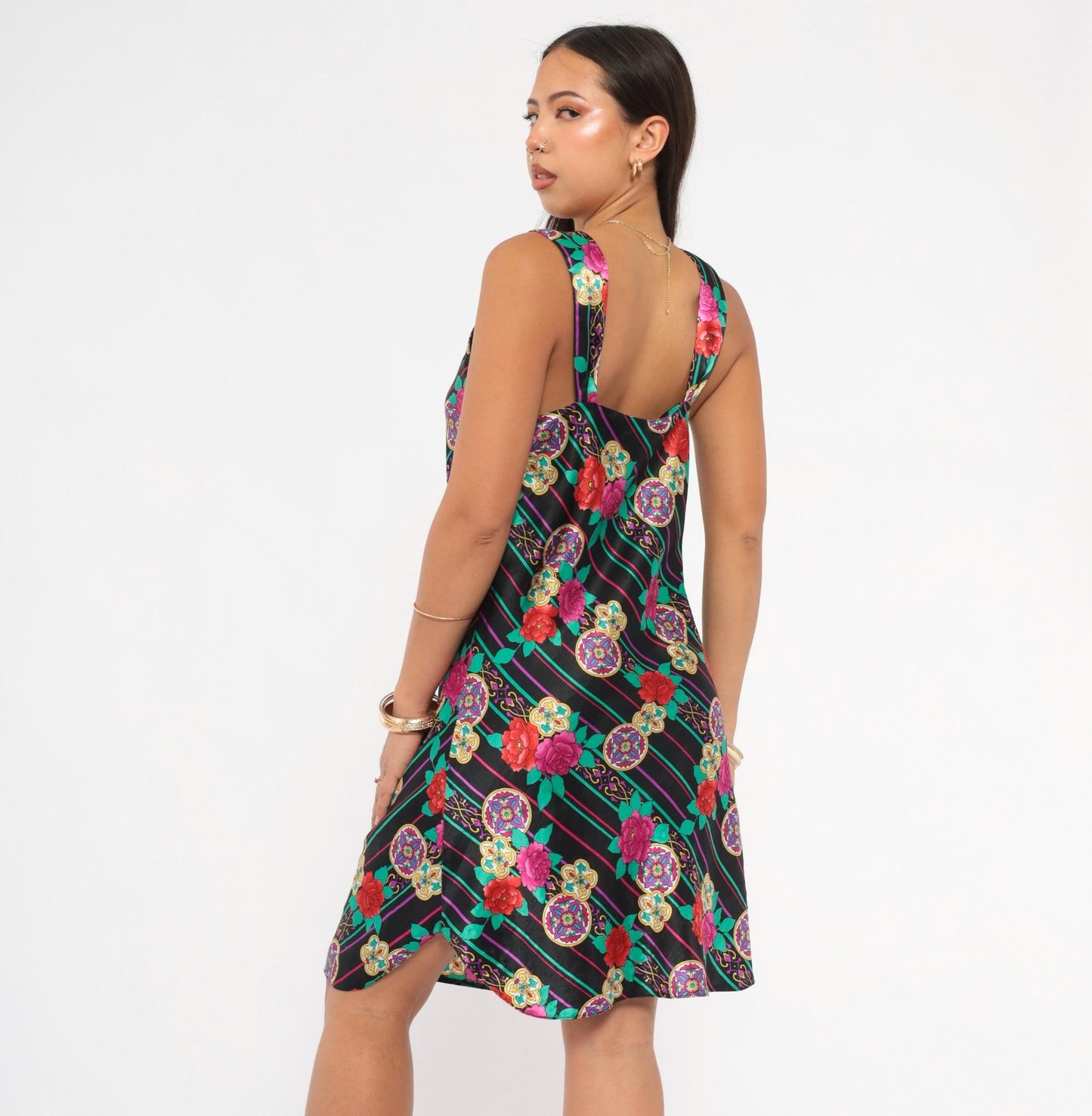 90s Emanuell Floral Medallion Slip Dress Black Fuchsia Teal Knee-Length Medium