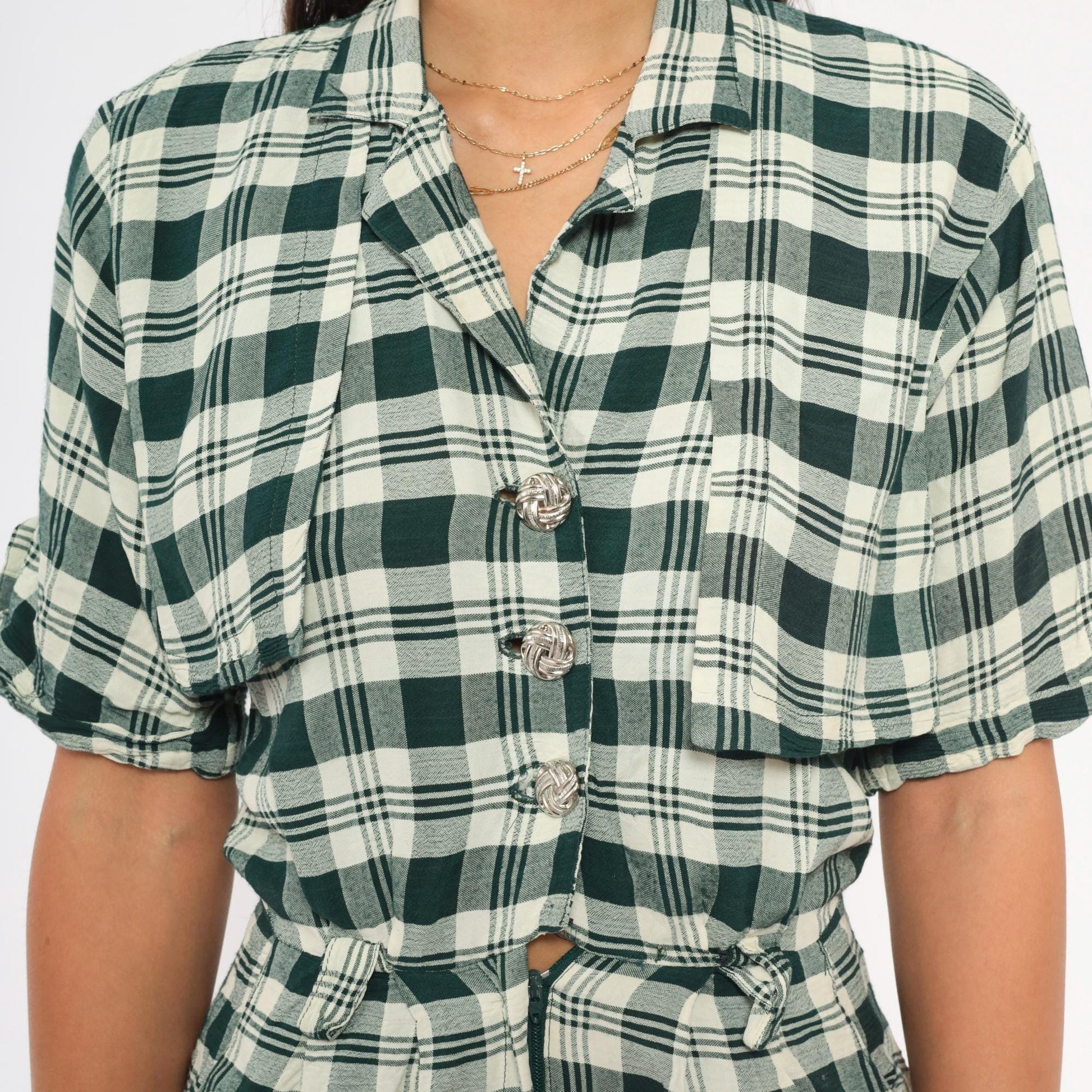 90s Scarlett Green Plaid Romper Button Front Rolled Cuff Small S