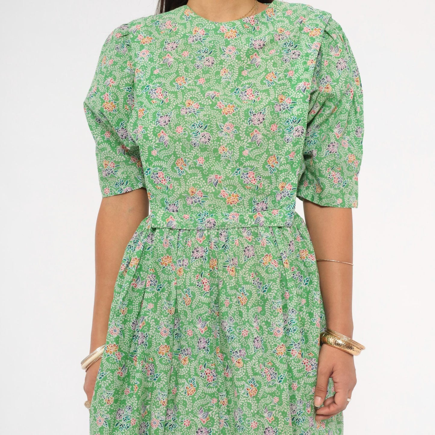 70s Jane Schaffhausen Floral Midi Dress Puff Sleeve Cotton Green Botanical Medium M