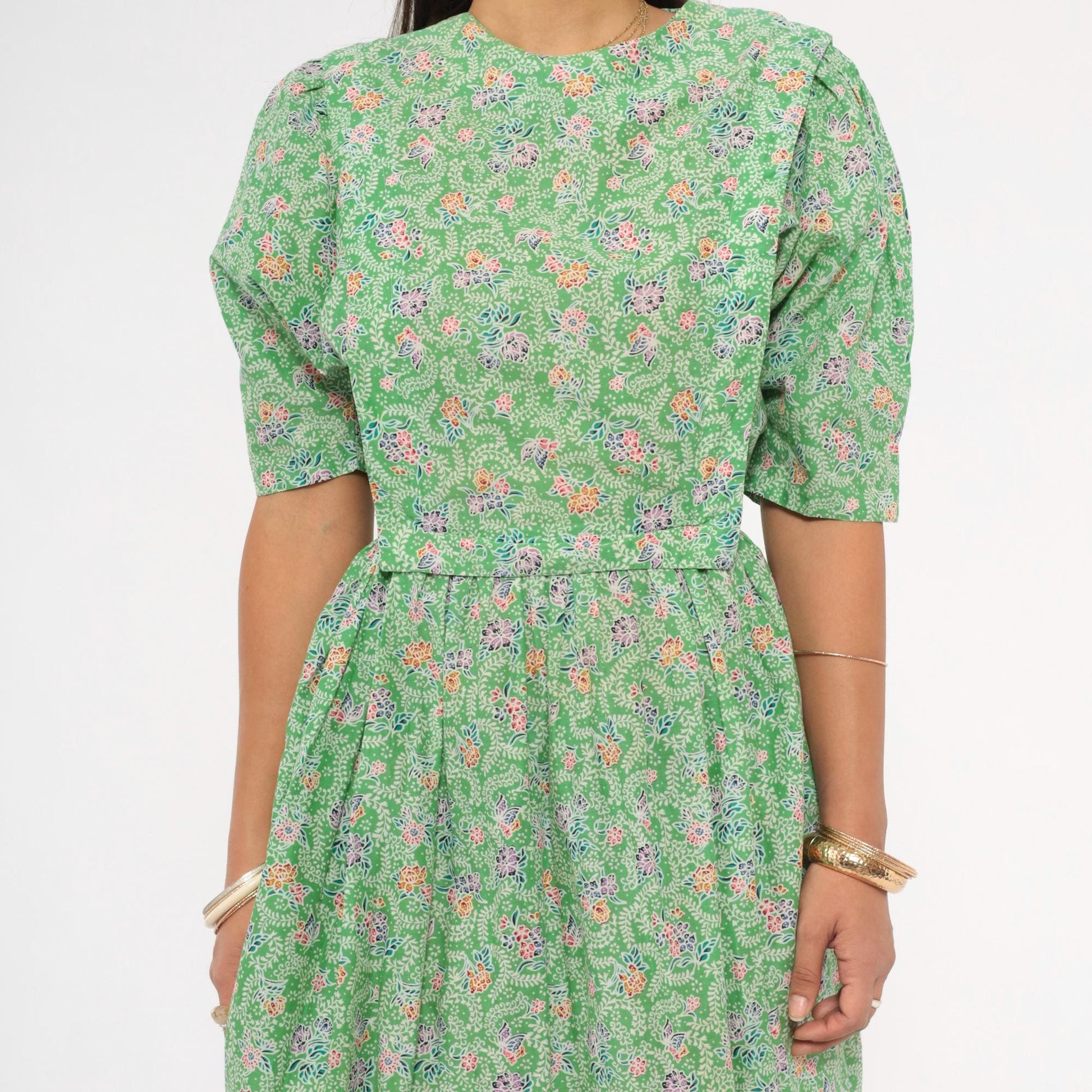 70s Jane Schaffhausen Floral Midi Dress Puff Sleeve Cotton Green Botanical Medium M