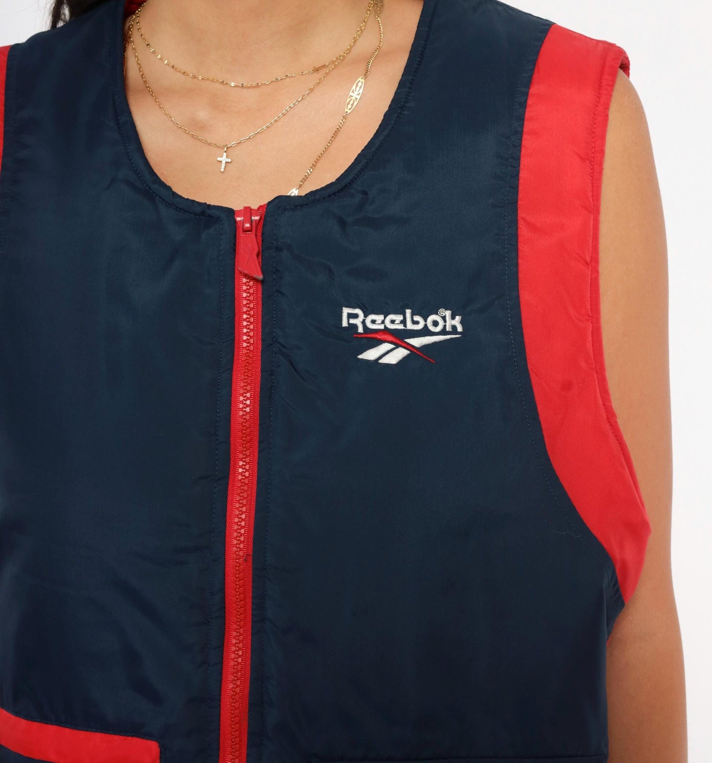 90s Reebok Colorblock Puffer Vest Navy Red Embroidered Logo Large L