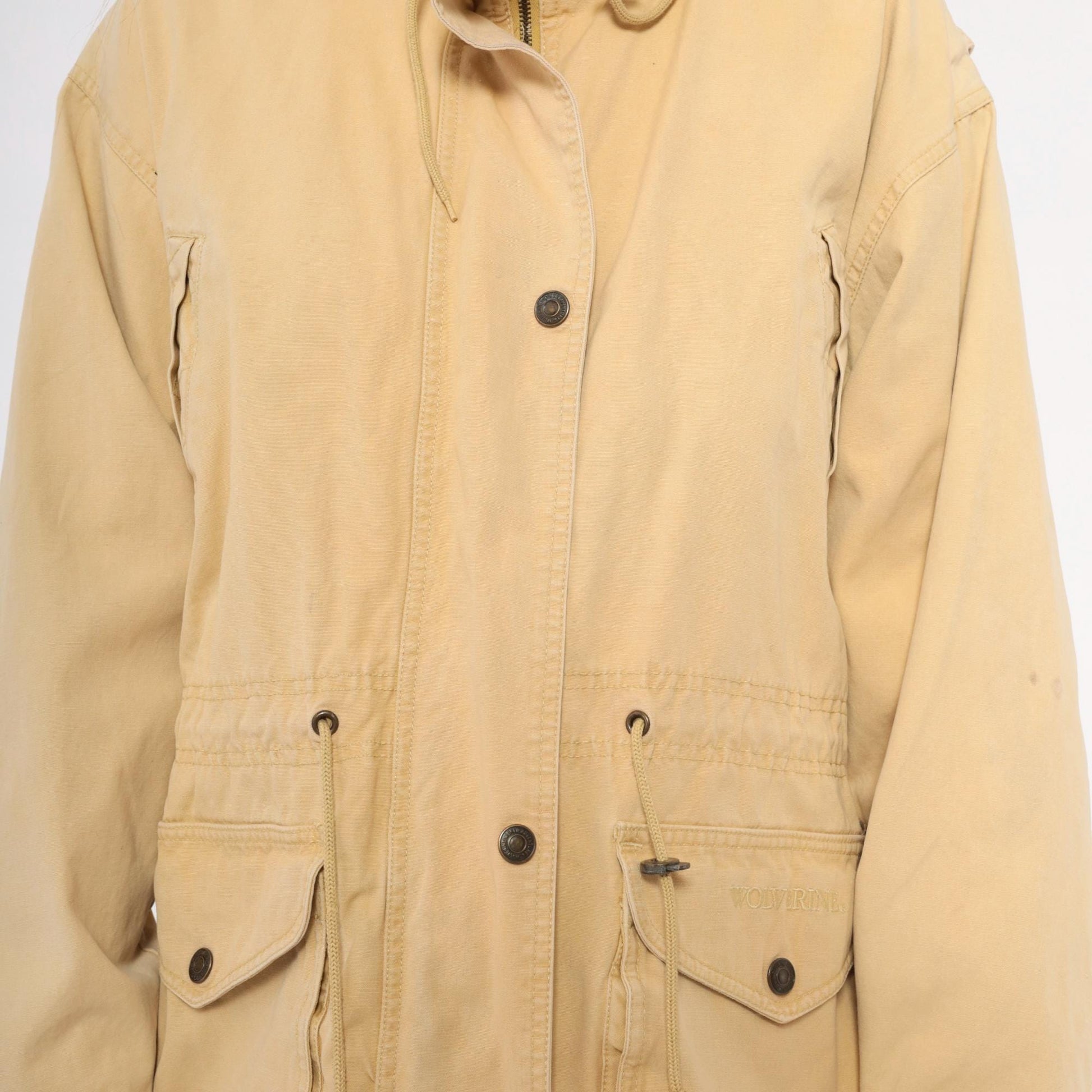 90s World Adventure Wolverine Tan Parka Cargo Jacket High Collar Small Petite