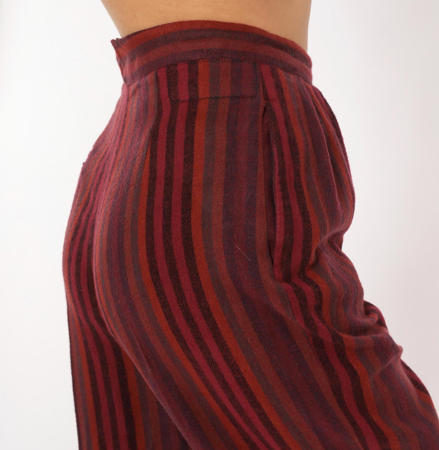 70s Burgundy Striped High Waist Tapered Trousers Pleated Front Small