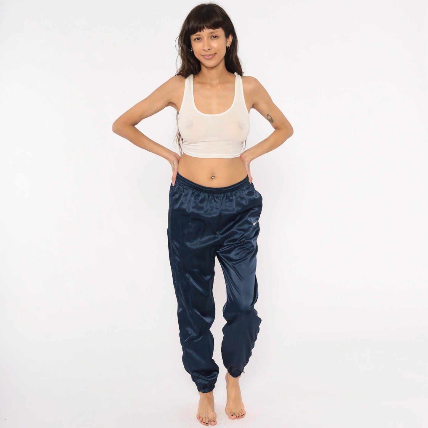 90s Nike Navy Satin Track Pants Swoosh Logo Elastic Waist Small S