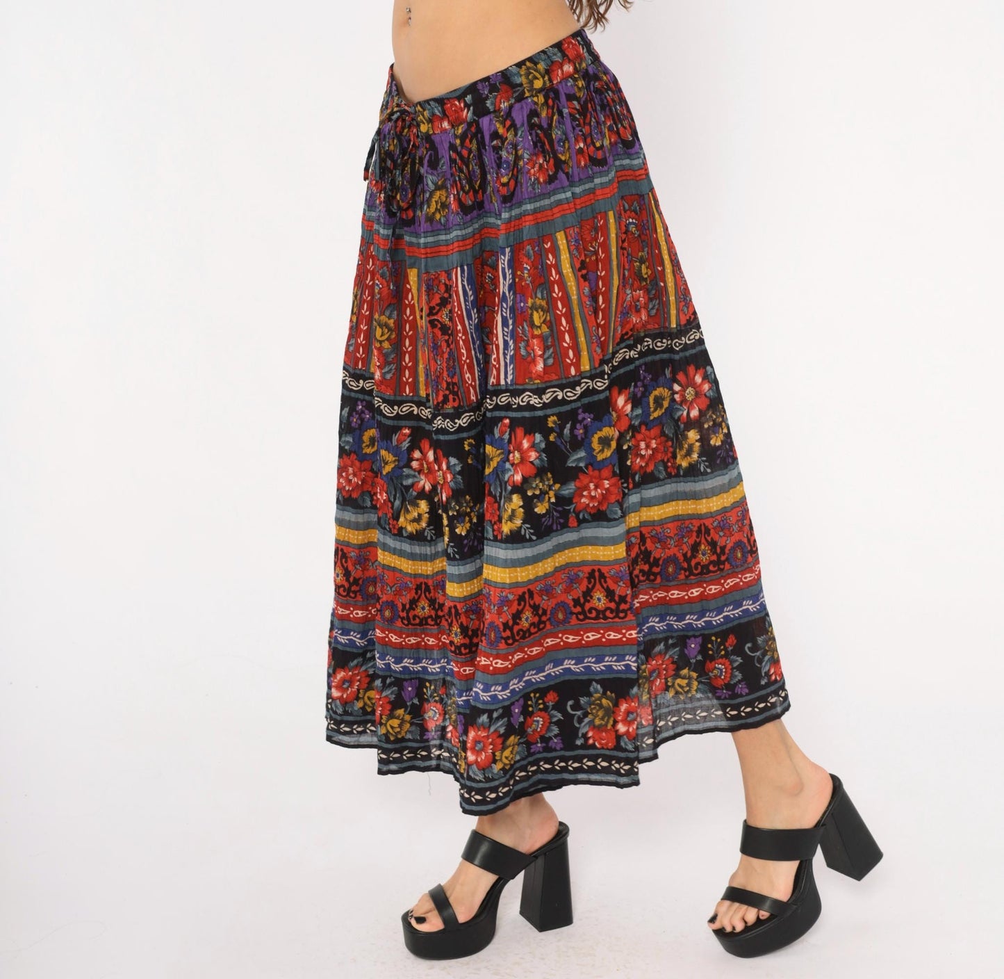 90s Phool Tiered Maxi Skirt Floral Geometric Print Cotton Plus Size 3X