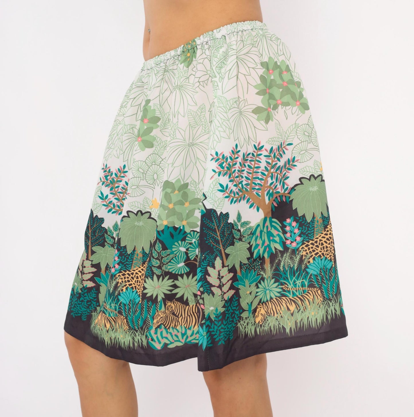80s Jungle Safari Animal Print A-Line Skirt Knee-Length Cream Small Medium