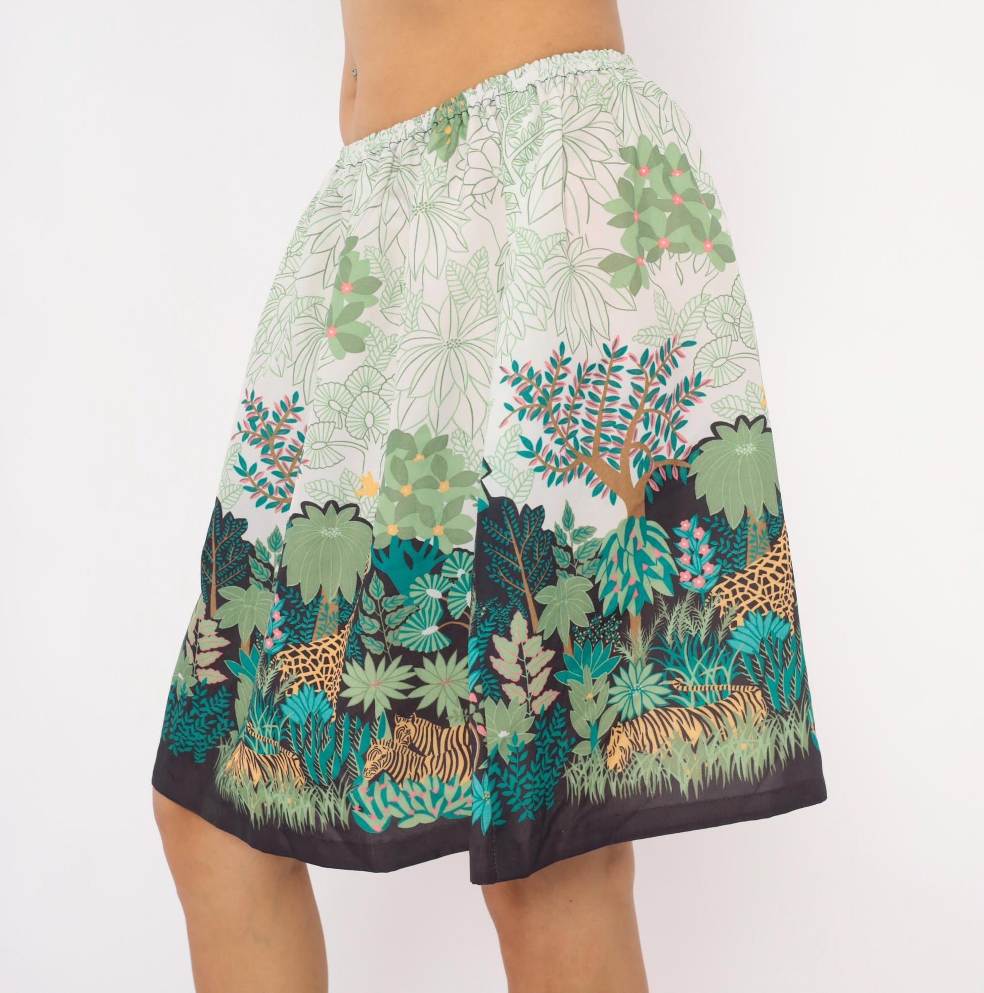 80s Jungle Safari Animal Print A-Line Skirt Knee-Length Cream Small Medium