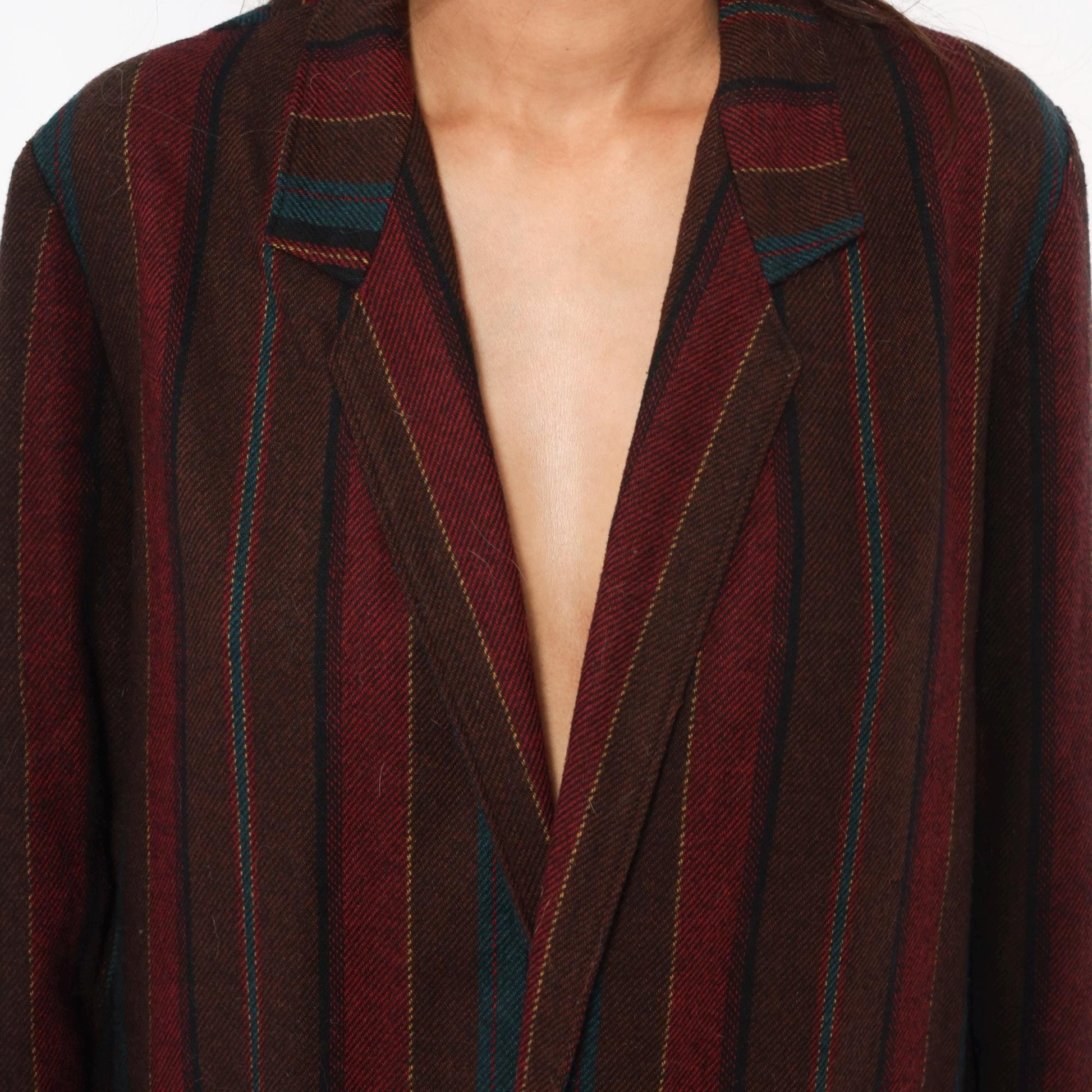 80s Koret Wool Blazer Burgundy Teal Striped Herringbone Notched Lapel Medium Large