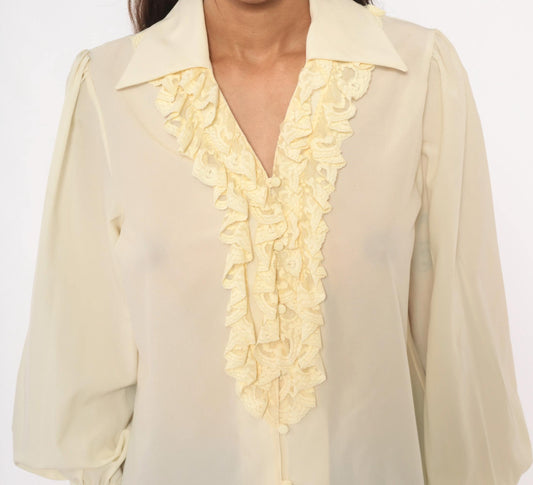 70s Lee Mar Cream Lace Ruffle Blouse Button Front Bishop Sleeve Medium