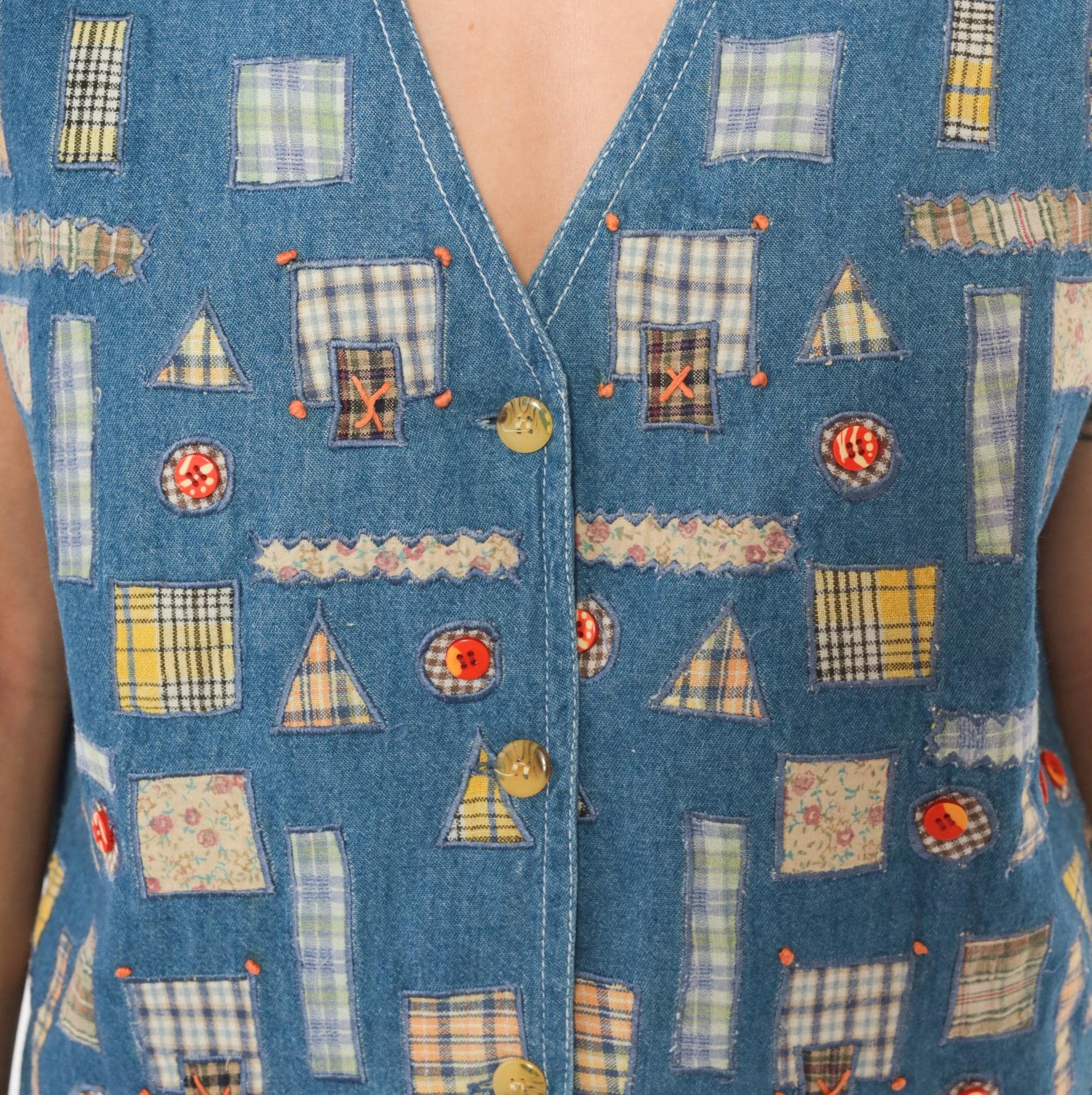 90s New Identity Patchwork Denim Vest Applique Plaid Floral Blue Extra Large XL