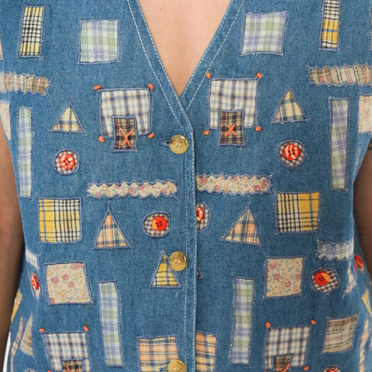 90s New Identity Patchwork Denim Vest Applique Plaid Floral Blue Extra Large XL