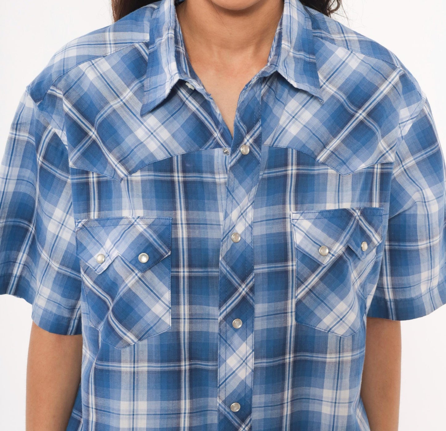 Y2K Wrangler Western Pearl Snap Shirt Blue Plaid Cotton Blend Large L
