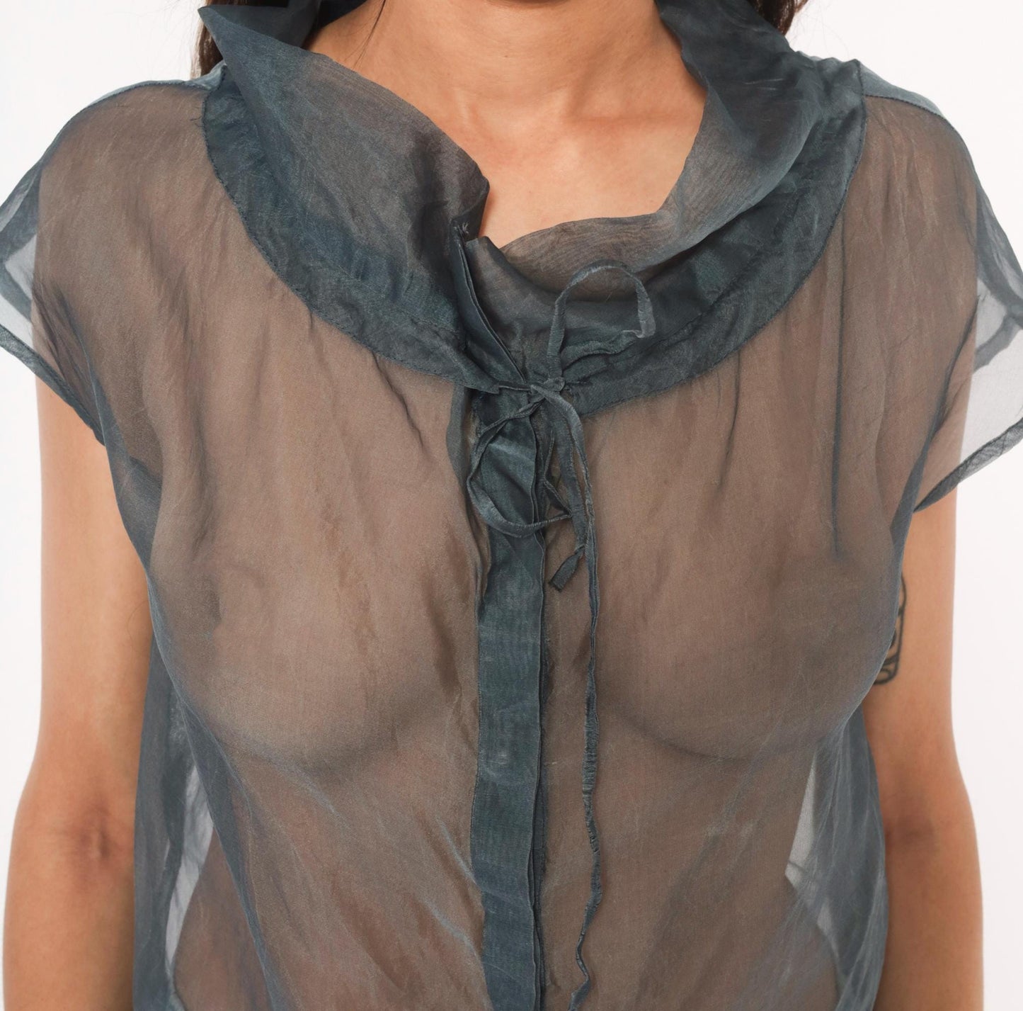 Y2K Fussel Grey Organza Blouse Cap Sleeve Ruffle Collar Sheer Top Medium M