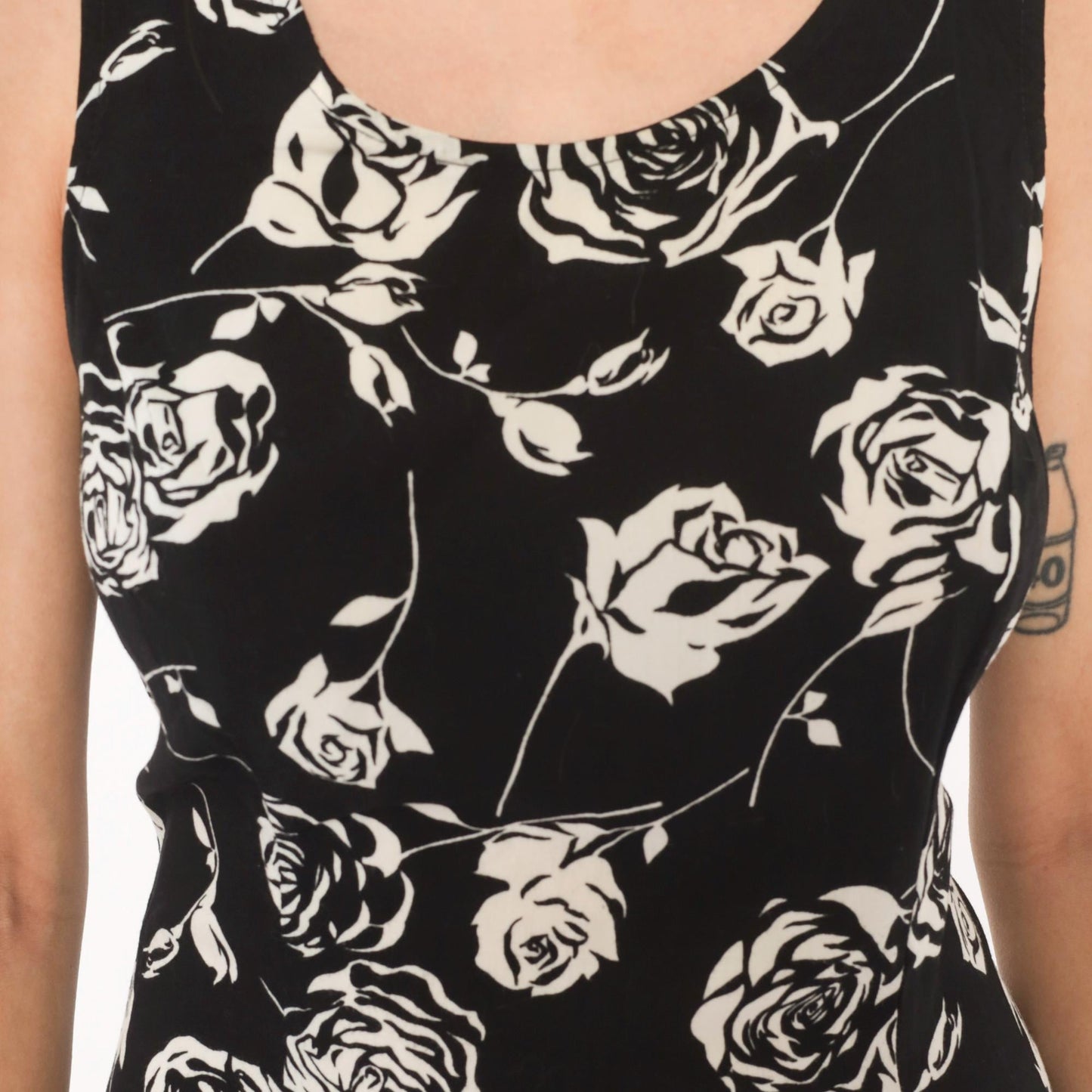 90s Expressions Rose Print Sundress Black Cream Floral Knee-Length Medium M