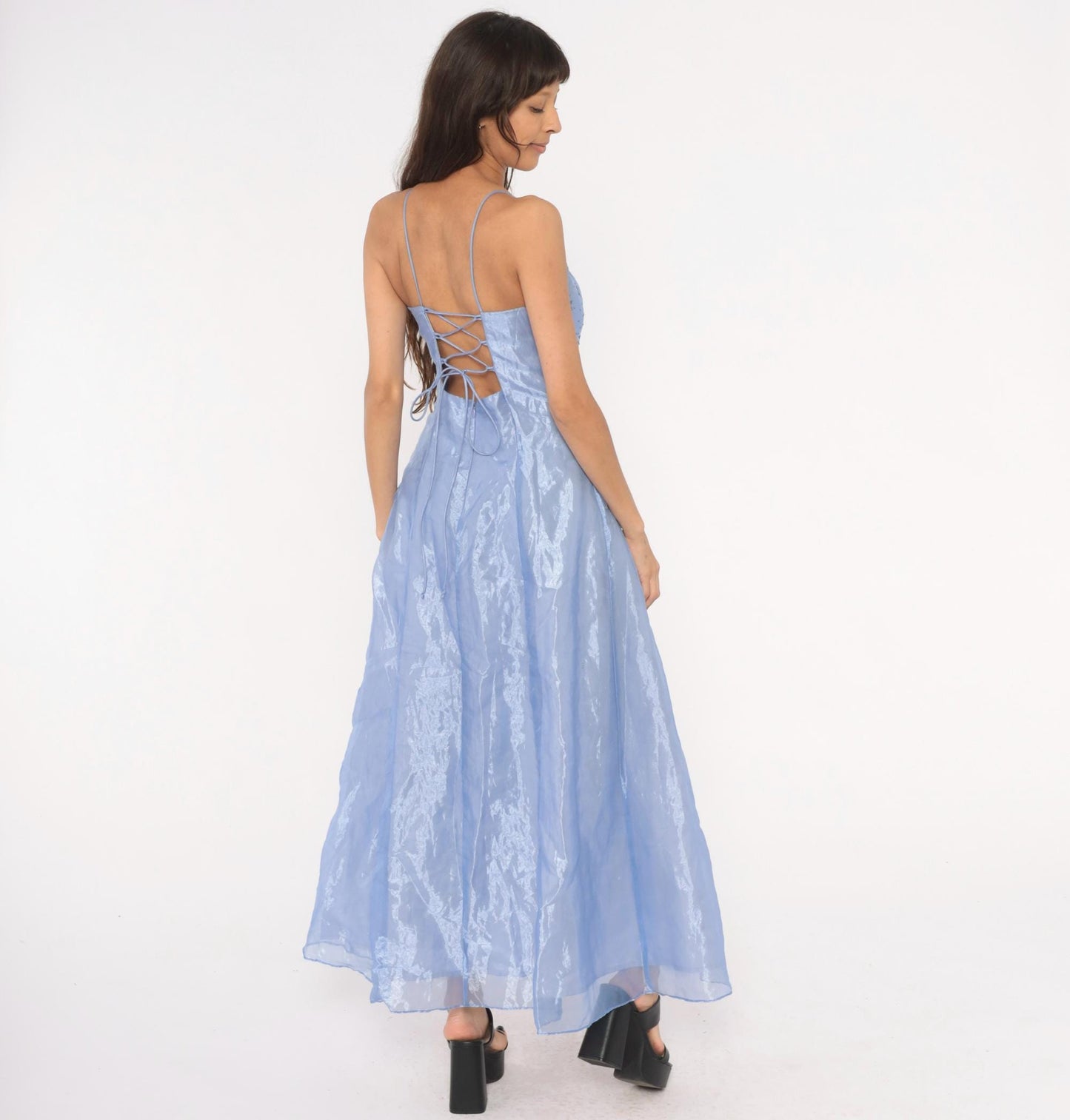 90s Kiki USA Periwinkle Beaded Gown Butterfly Embellished Strapless Organza Medium M
