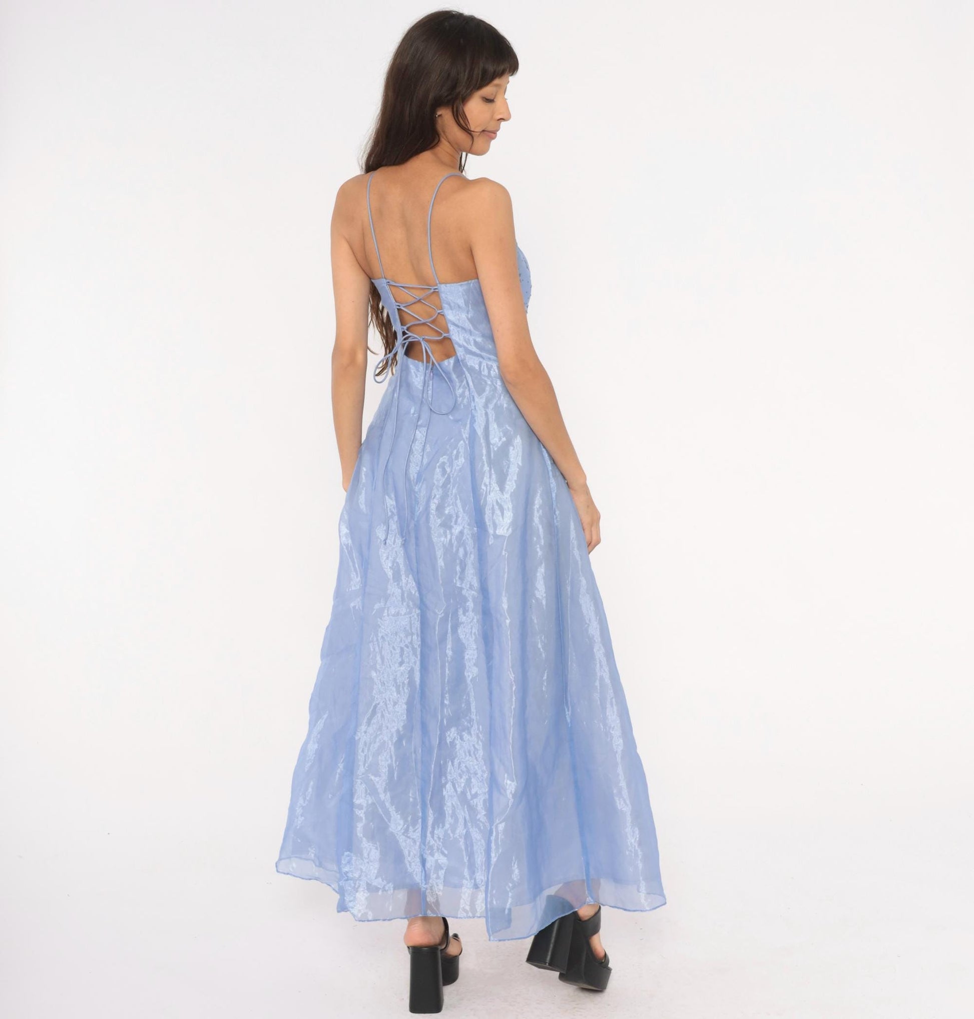 90s Kiki USA Periwinkle Beaded Gown Butterfly Embellished Strapless Organza Medium M