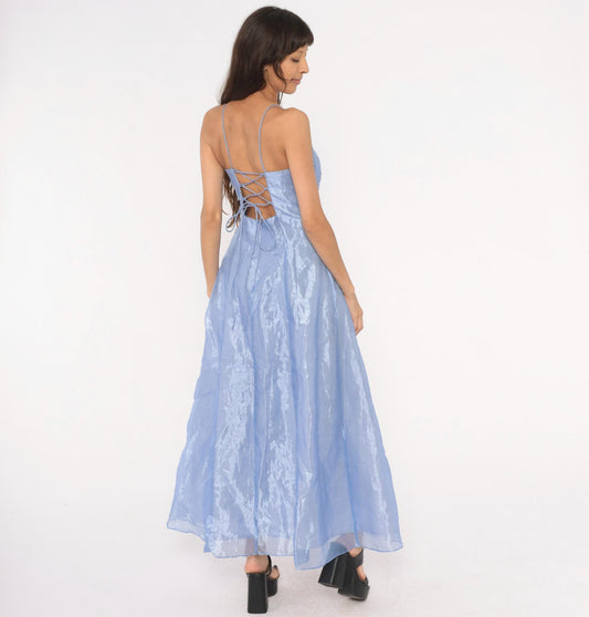 90s Kiki USA Periwinkle Beaded Gown Butterfly Embellished Strapless Organza Medium M