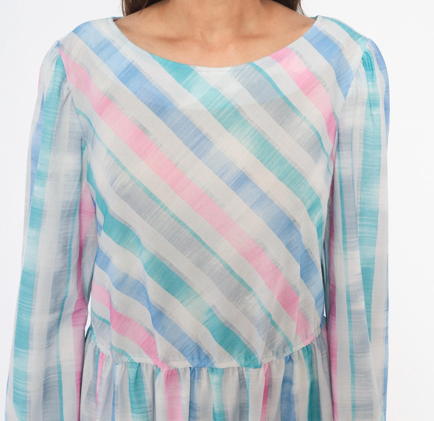 80s Pastel Stripe Diagonal Drop Waist Dress Pink Teal Bishop Sleeve Large L