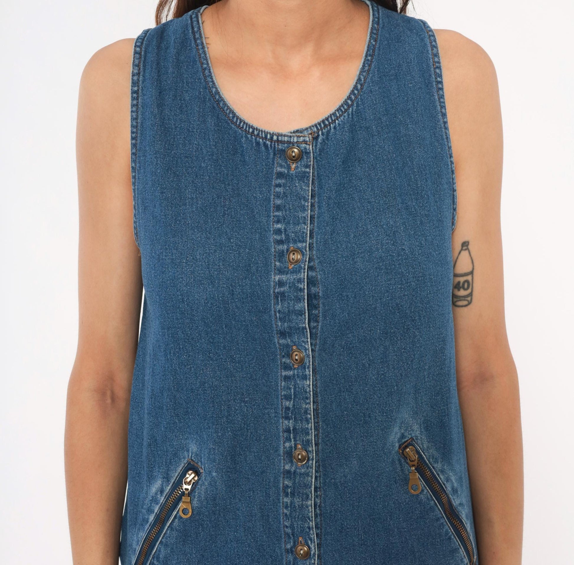90s Original Ty2 Denim Jumper Dress Midi Button Front Cotton Navy Extra Small