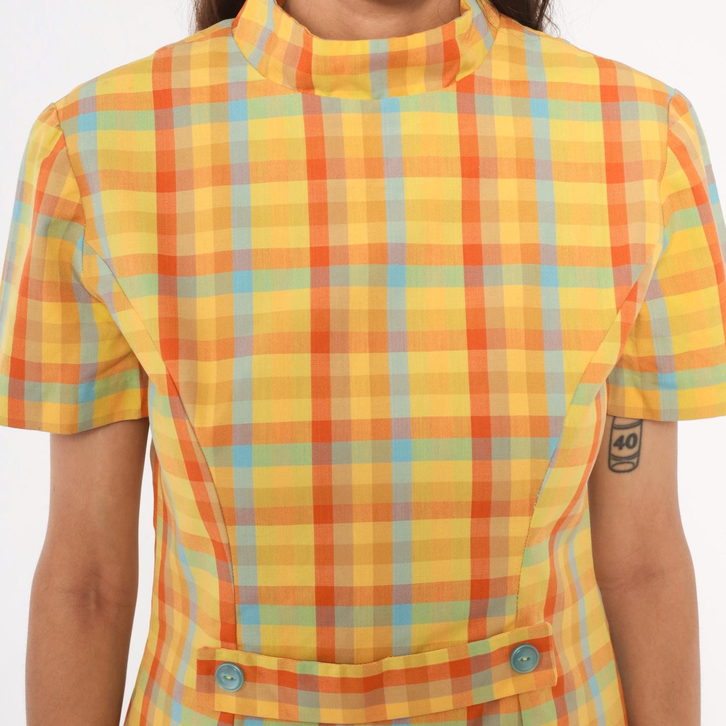 60s Plaid Mini Dress Yellow Orange Blue Check Mock Neck Cotton Small