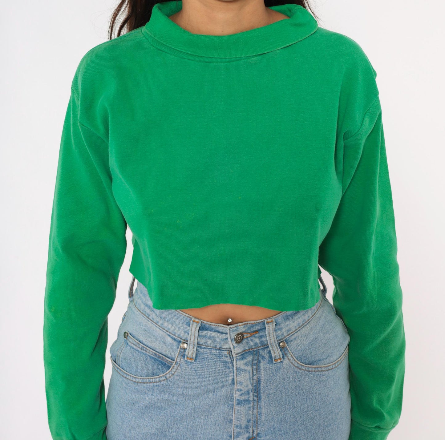 70s Flight Deck Crew Cropped Sweatshirt Kelly Green Cotton Pullover Medium