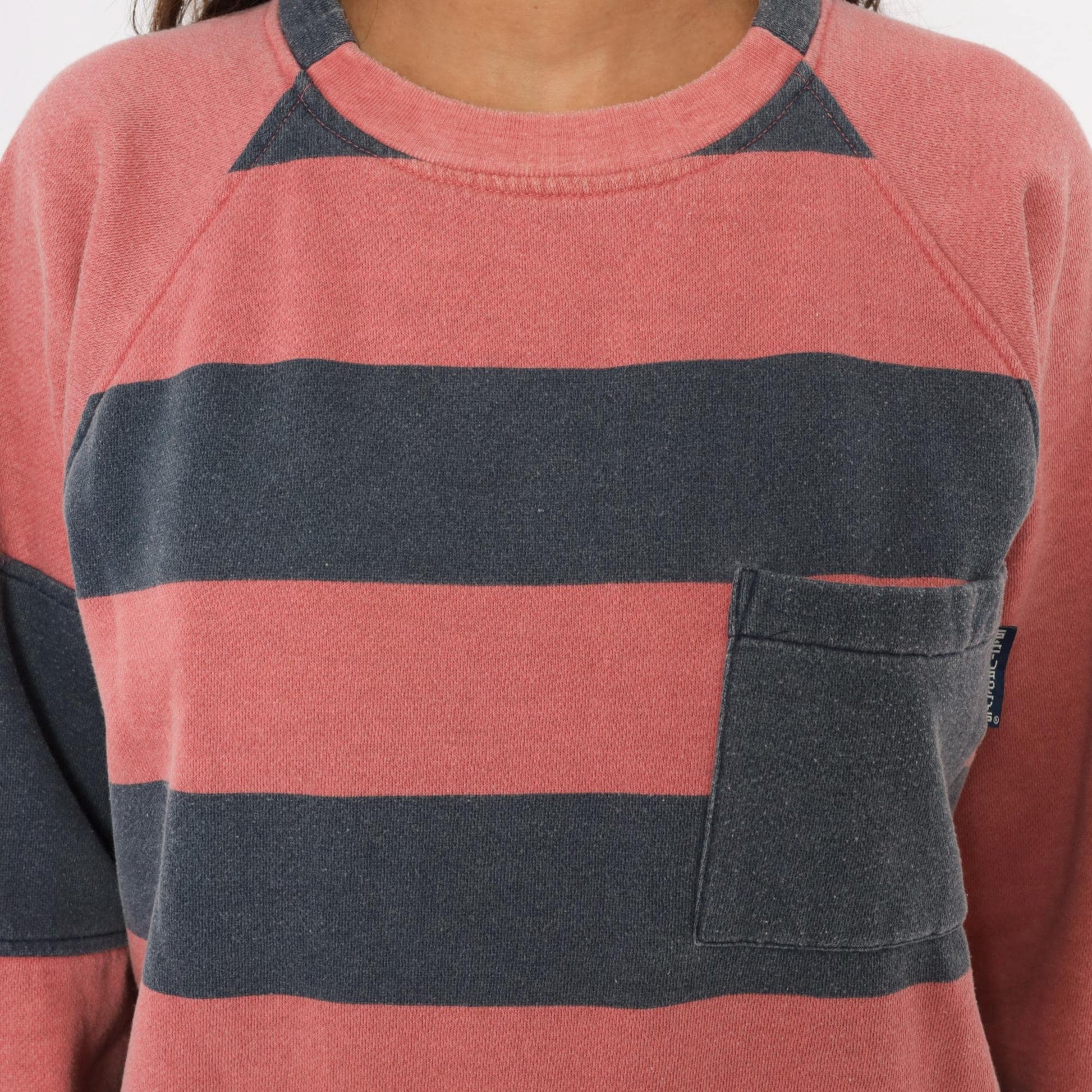 90s Saturdays Pink Navy Striped Rugby Sweatshirt Raglan Sleeve Medium
