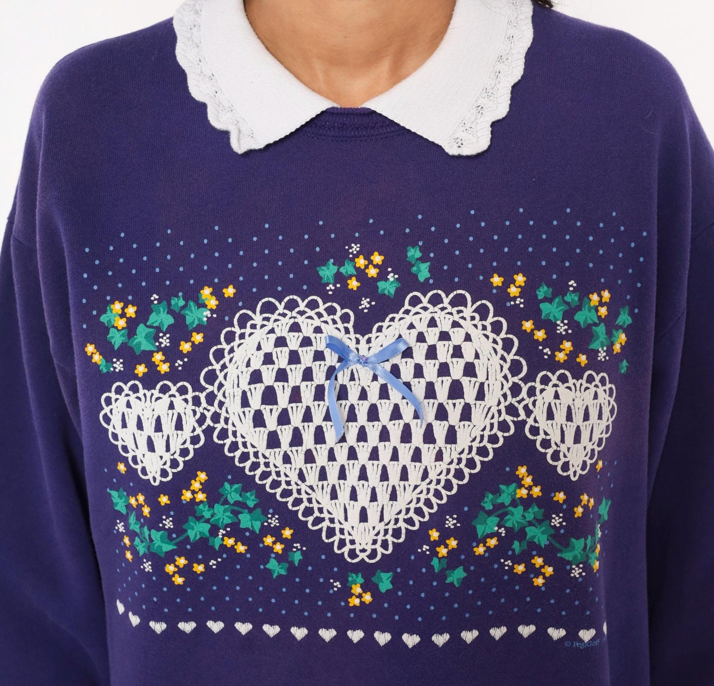 90s PegiGoff Purple Sweatshirt Peter Pan Collar Lace Heart Floral Medium M