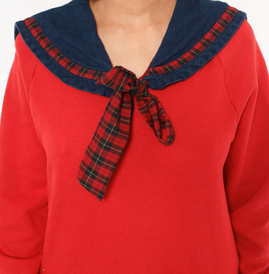 90s Jerzees Sailor Collar Sweatshirt Red Plaid Bow Denim Bib Medium M