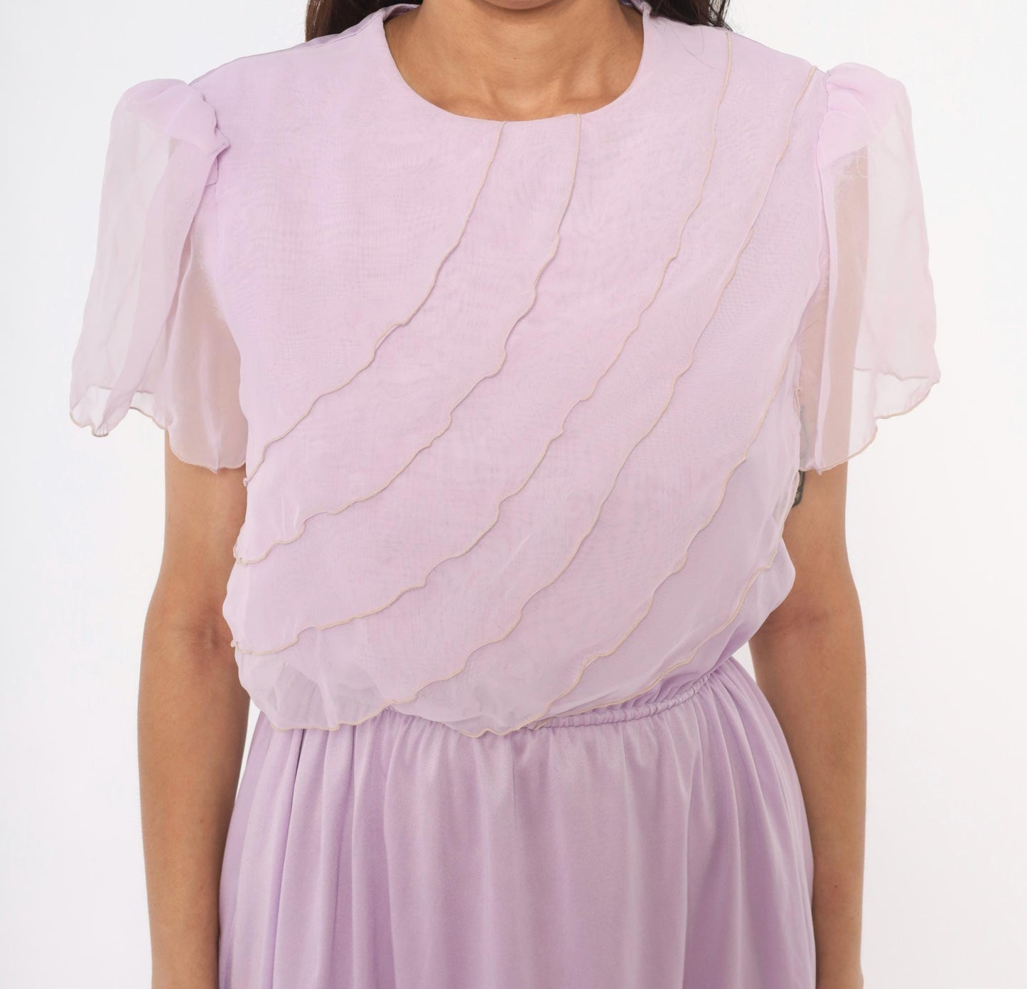 70s Lilac Chiffon Dress Flutter Sleeve Ruffle Bodice Knee-Length Small Medium