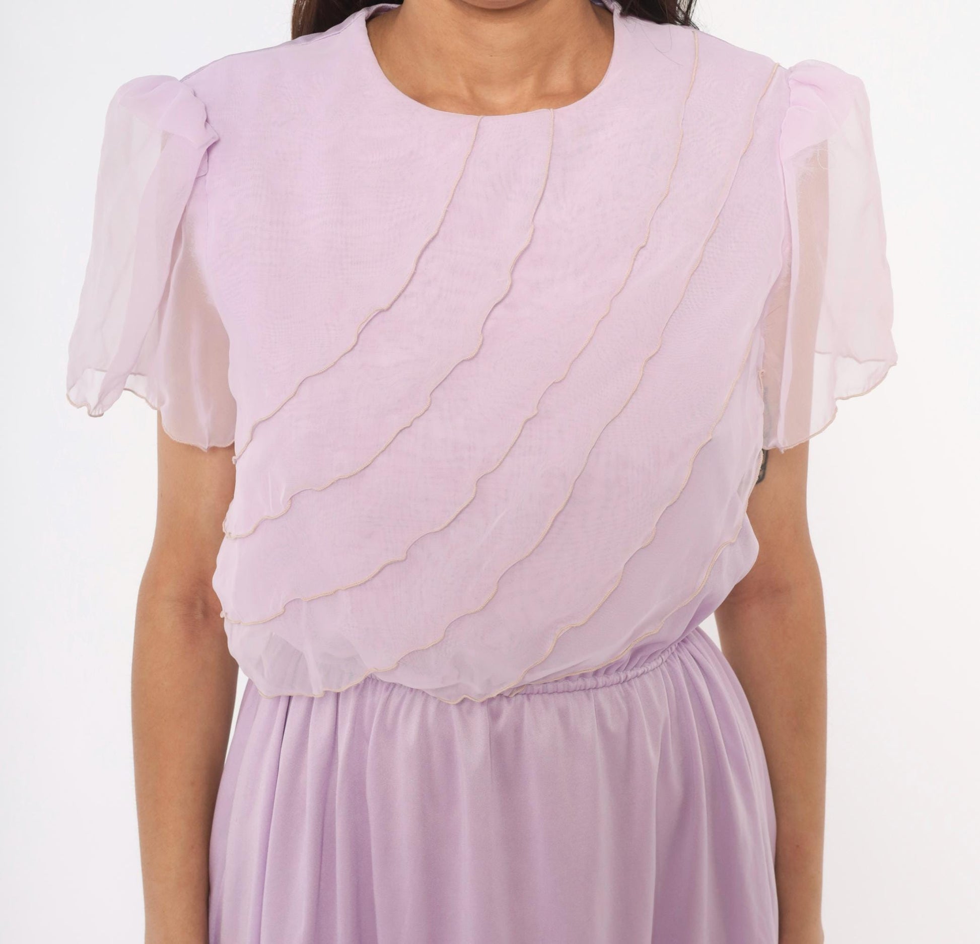 70s Lilac Chiffon Dress Flutter Sleeve Ruffle Bodice Knee-Length Small Medium