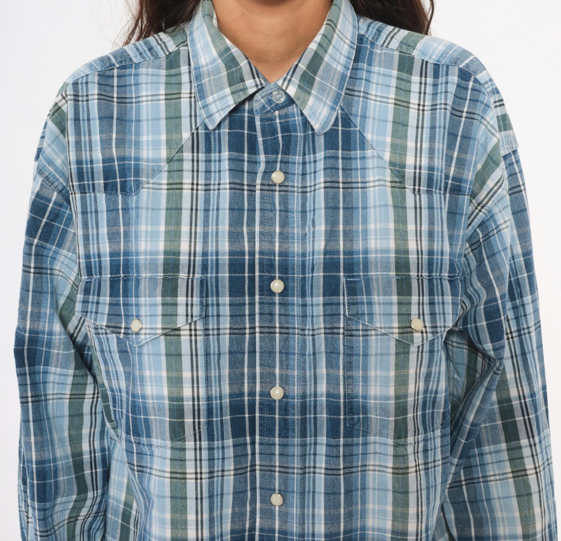 Y2K Wrangler Western Plaid Pearl Snap Shirt Blue Green XXL
