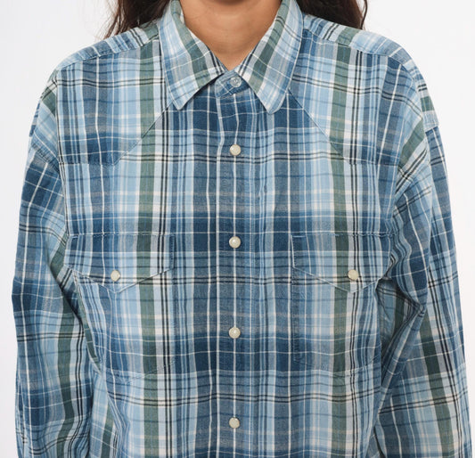 Y2K Wrangler Western Plaid Pearl Snap Shirt Blue Green XXL