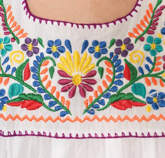 90s Mexican Embroidered Floral Blouse White Cotton Scoop Neck Large