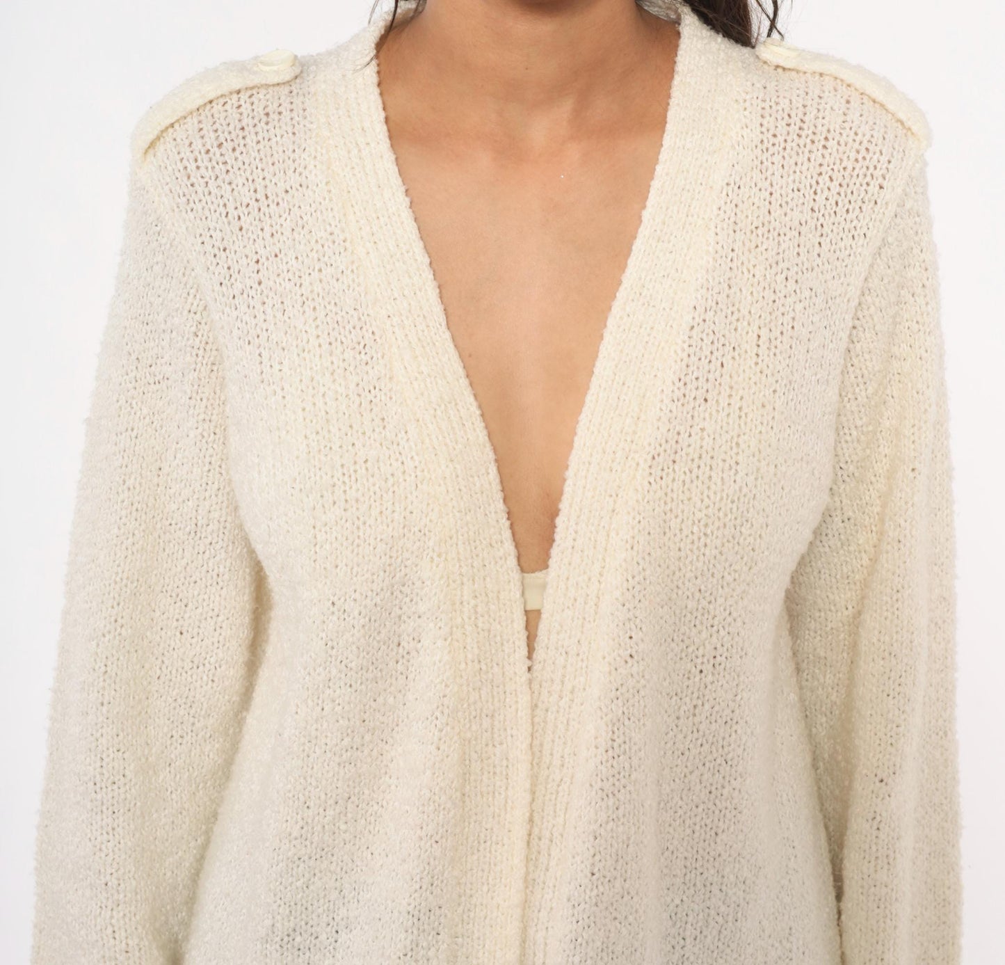 70s LeRoy Knitwear Open Front Cardigan Cream Bouclé Deep V Neck Medium